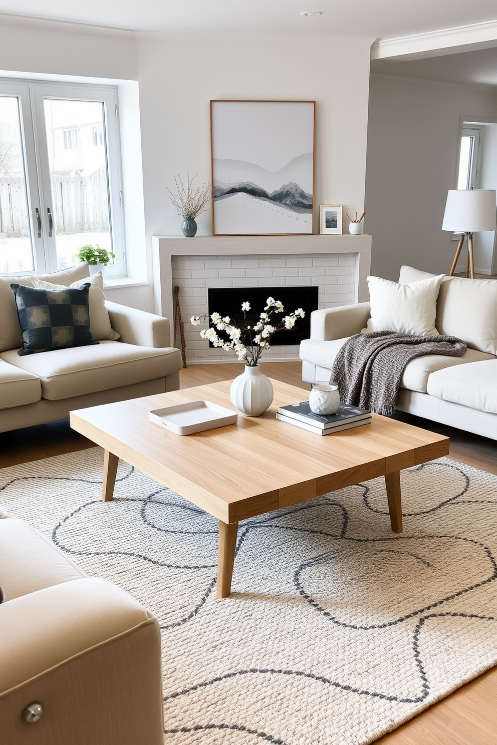 A stylish coffee table serves as the focal point in a Scandinavian living room. The table is made of light wood and features a clean, minimalist design, surrounded by plush, neutral-toned sofas and a cozy area rug.