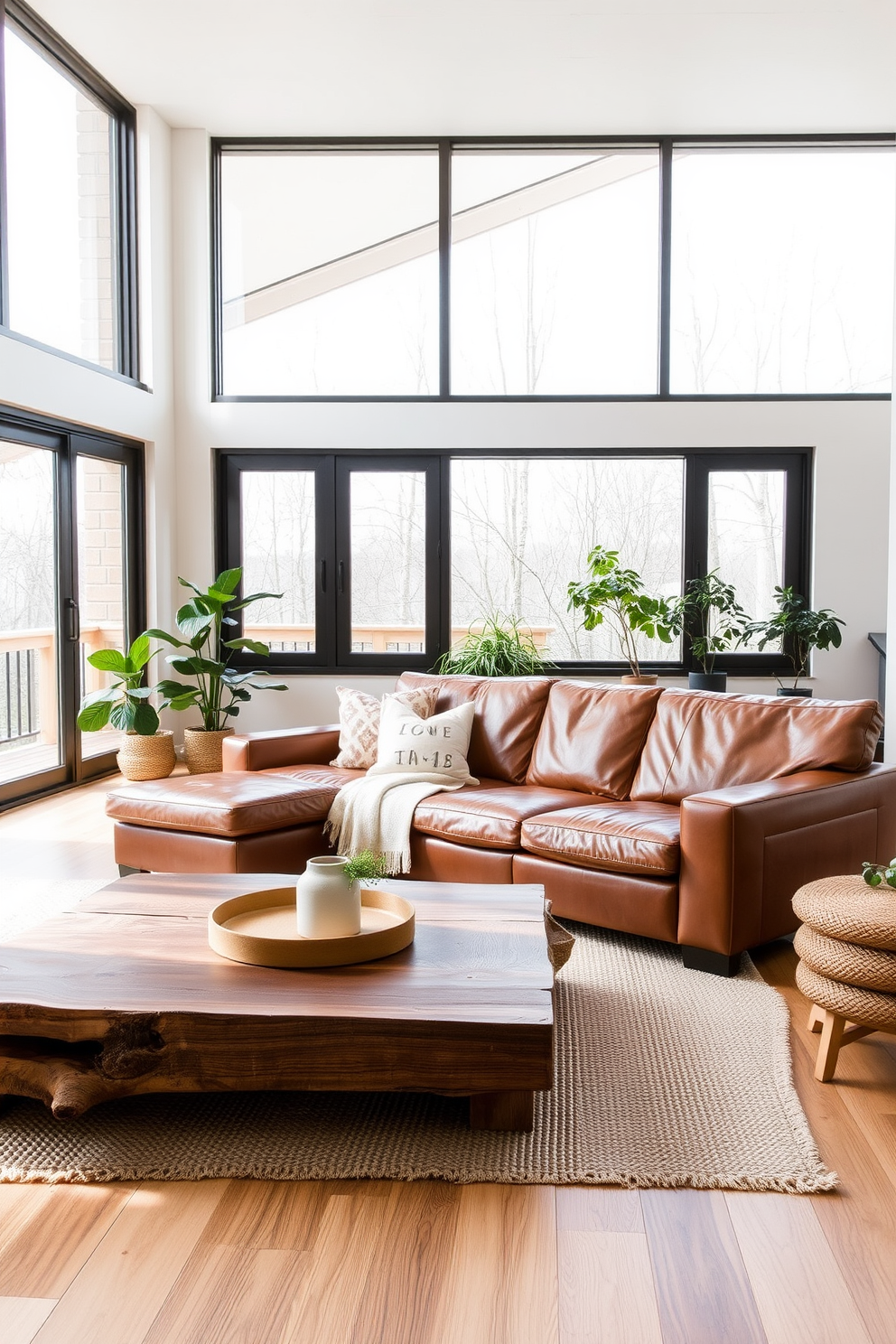 A cozy Scandinavian living room featuring natural materials such as leather and wood. The space includes a large leather sofa paired with a reclaimed wood coffee table and a soft area rug in neutral tones. Floor-to-ceiling windows allow natural light to flood the room, highlighting the warm textures of the furnishings. A few potted plants add a touch of greenery, complementing the minimalist aesthetic.