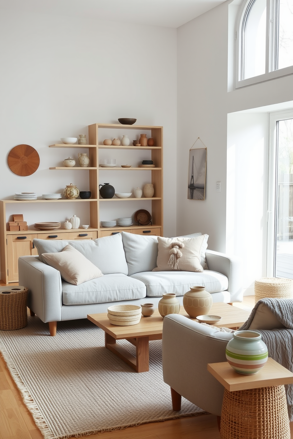 A cozy Scandinavian living room with a neutral color palette and natural light flooding through large windows. The space features a plush, light gray sofa adorned with handmade pottery and ceramics displayed on a wooden coffee table. A soft, woven rug anchors the seating area, while a minimalist bookshelf showcases an array of curated ceramics and decorative items. The walls are painted in a soft white, creating a serene backdrop for the warm wooden accents throughout the room.