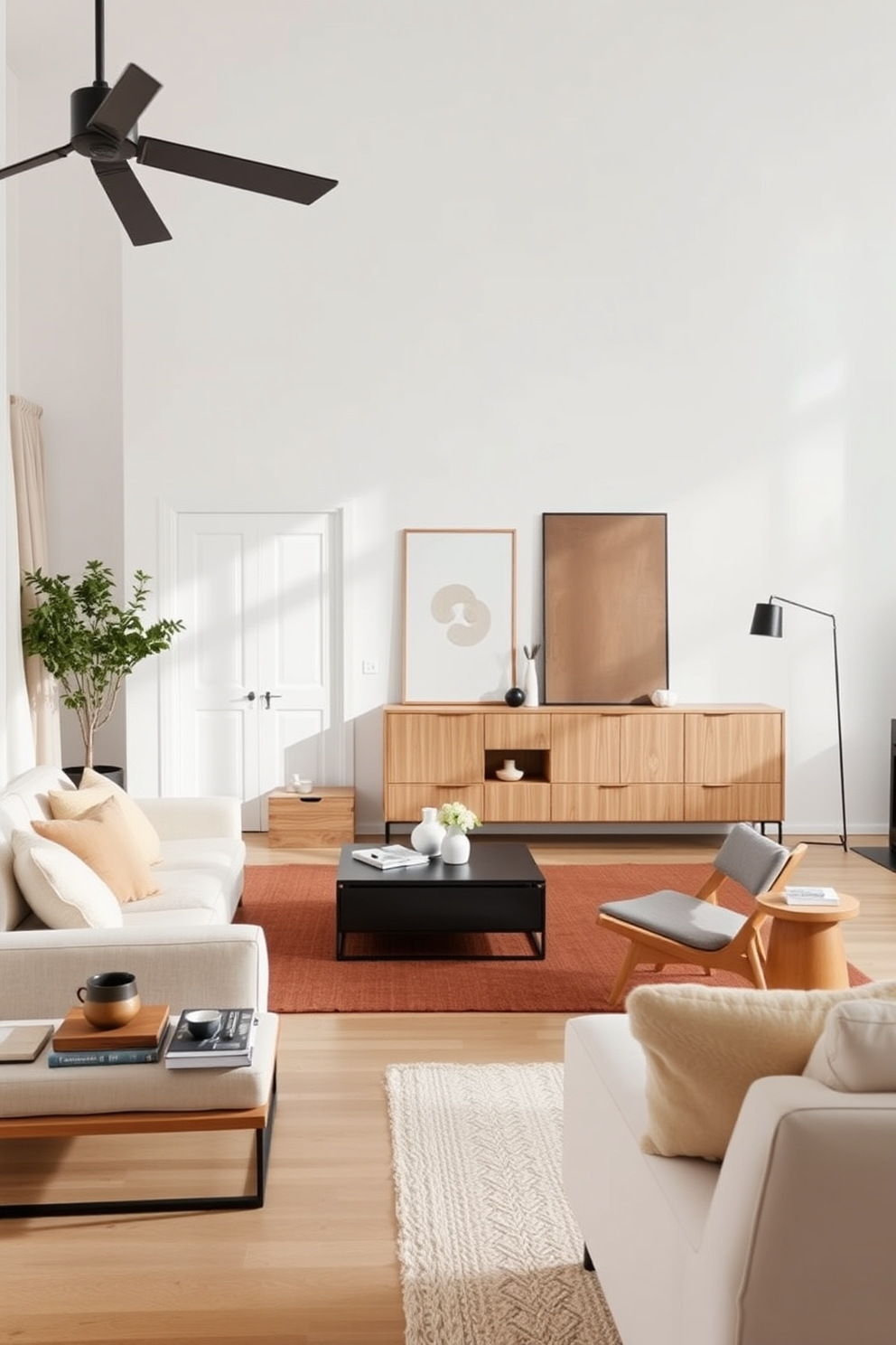 A Scandinavian living room featuring sleek furniture with clean lines. The space is adorned with a neutral color palette, complemented by natural wood accents and soft textiles.