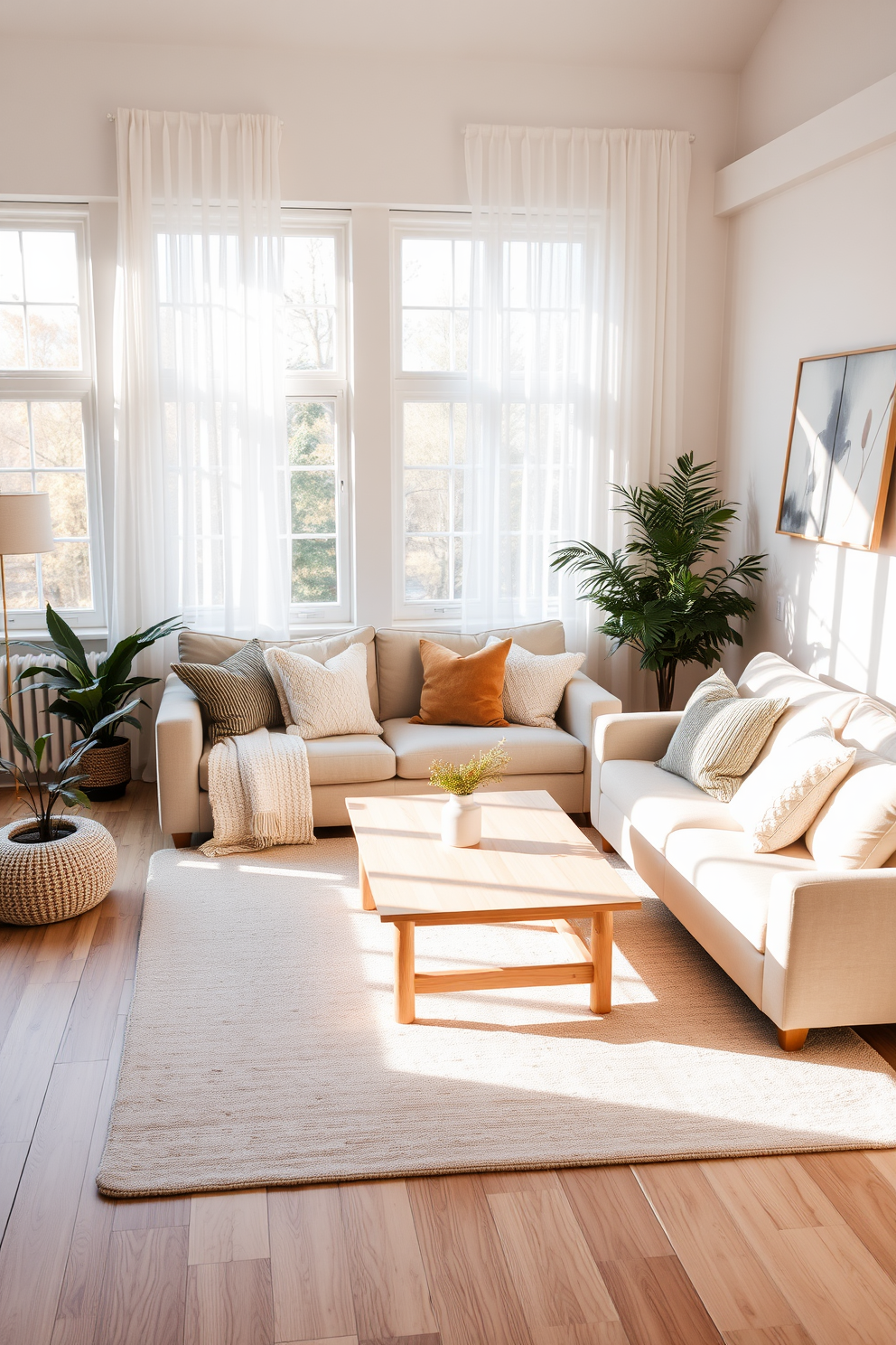 A cozy Scandinavian living room featuring soft warm lighting that enhances the inviting atmosphere. The room includes a plush beige sofa adorned with textured throw pillows and a light wood coffee table at the center. Large windows allow natural light to flood the space, complemented by sheer white curtains that gently diffuse the sunlight. A stylish area rug in muted tones anchors the seating arrangement, while potted greenery adds a touch of nature.