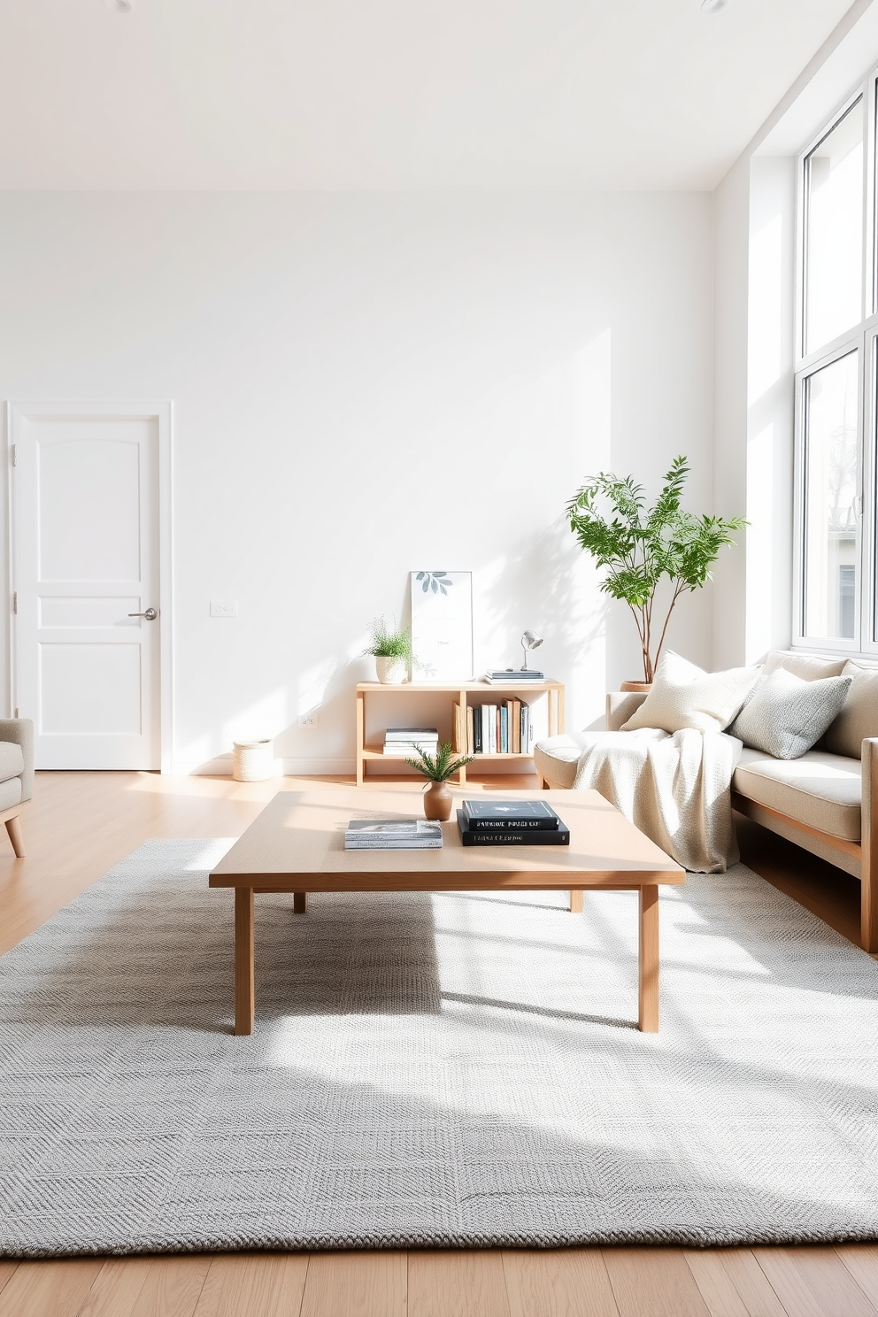 A serene Scandinavian living room features a light wood coffee table centered on a soft gray area rug. The walls are painted in a crisp white, and large windows allow natural light to flood the space. A minimalist sofa in neutral tones is adorned with a few textured throw pillows. A simple wooden shelf displays a curated selection of books and a small potted plant, adding a touch of greenery to the room.