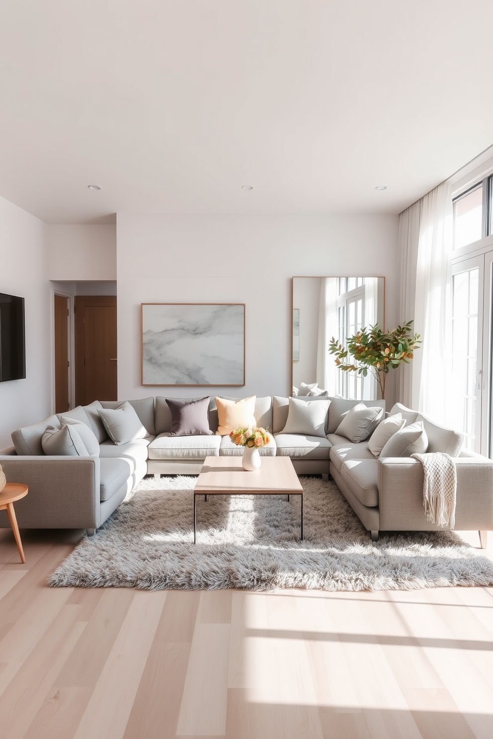 A bright Scandinavian living room features a large, comfortable sofa in soft grey upholstery paired with a light wood coffee table. The space is illuminated by minimalist pendant lights with warm, inviting tones hanging above, creating a cozy atmosphere. Natural light floods the room through large windows adorned with sheer white curtains. A plush area rug in neutral shades anchors the seating area, while a few potted plants add a touch of greenery and life to the design.