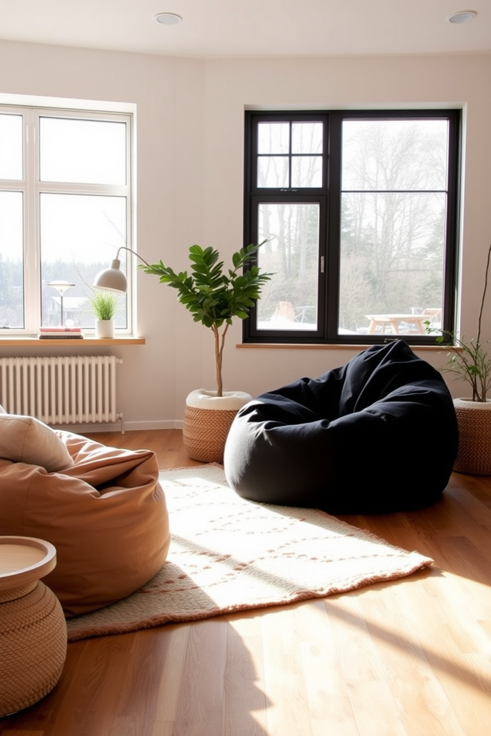 Create a cozy corner featuring oversized bean bags in a Scandinavian living room. The space is adorned with light wood accents, a soft area rug, and large windows allowing natural light to fill the room.