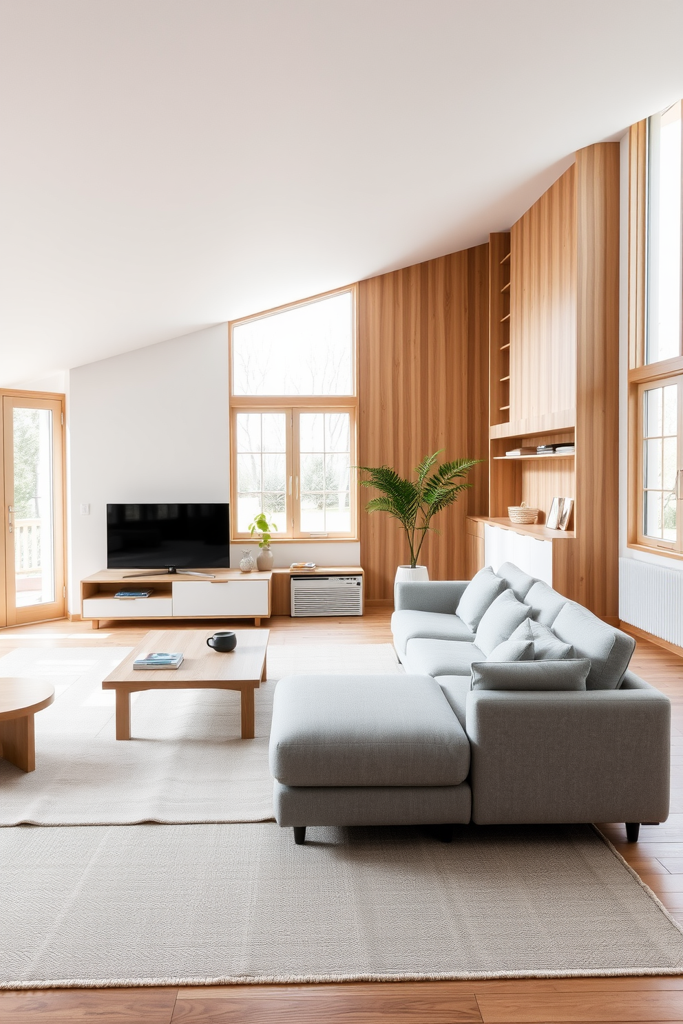 A cozy Scandinavian living room designed for small spaces features light-colored walls and soft, airy furnishings that create an inviting atmosphere. A plush light grey sofa is complemented by a white coffee table and a light wood accent chair, enhancing the room's openness. Natural light floods the space through large windows adorned with sheer white curtains, creating a bright and airy feel. Decorative elements include a light-colored area rug and potted plants that add a touch of greenery without overwhelming the space.