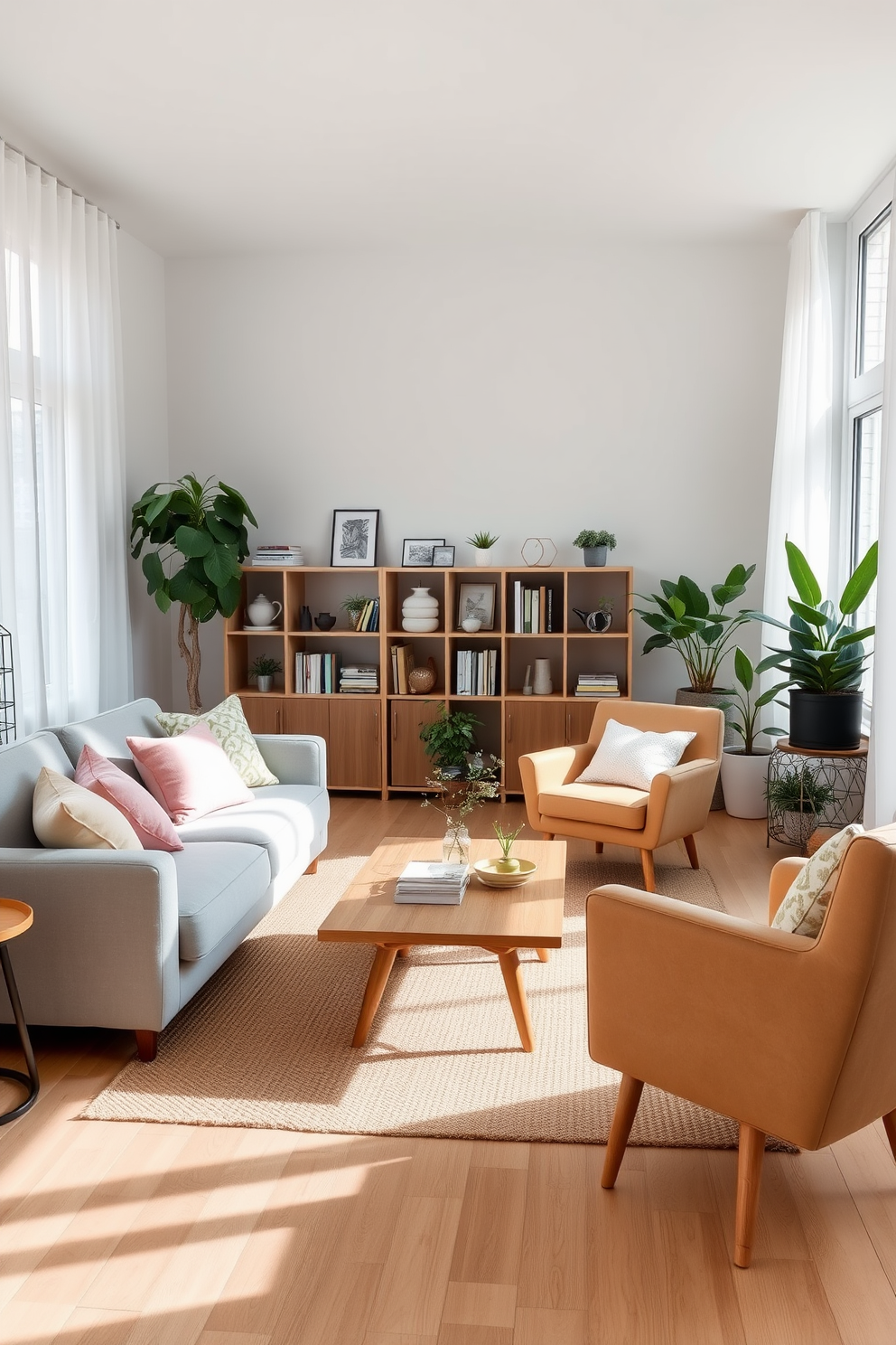 A cozy Scandinavian living room featuring a plush light gray sofa adorned with soft throw pillows in pastel colors. The floor is layered with a natural jute rug, and a sleek wooden coffee table sits in the center, complemented by a minimalist bookshelf filled with curated decor. Large windows allow ample natural light to flood the space, showcasing sheer white curtains that gently sway. A statement armchair in a bold color adds a pop of contrast, while potted plants bring a touch of greenery and warmth to the room.