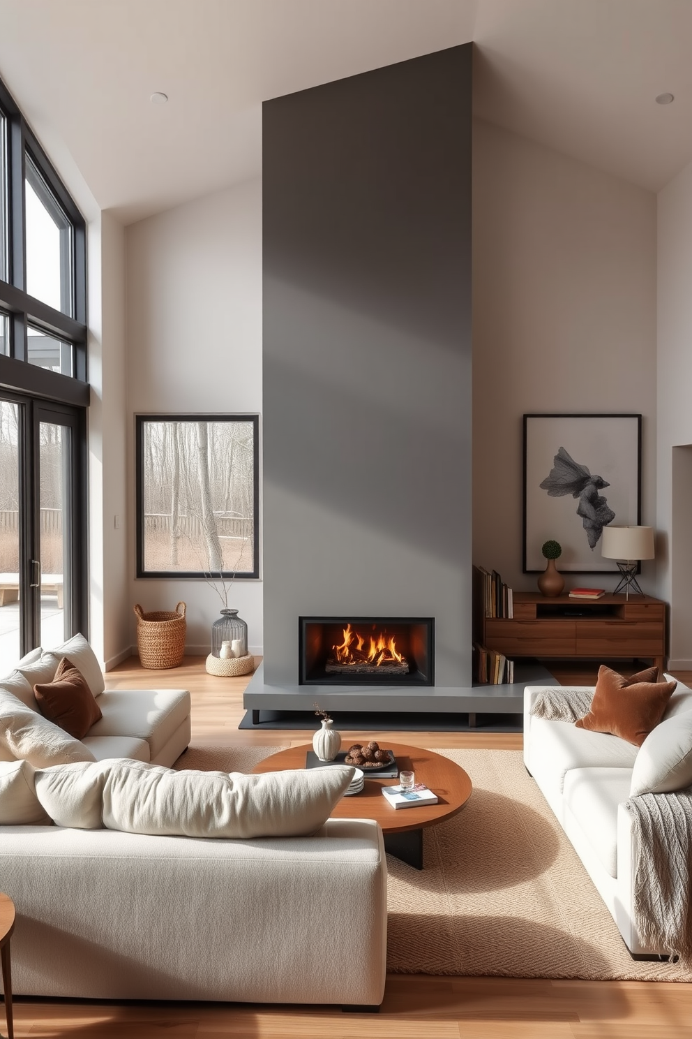 A statement fireplace serves as the centerpiece of a Scandinavian living room, surrounded by a cozy seating arrangement featuring a plush sectional sofa in soft neutral tones. Large windows allow natural light to flood the space, highlighting the minimalist decor and warm wooden accents throughout the room.