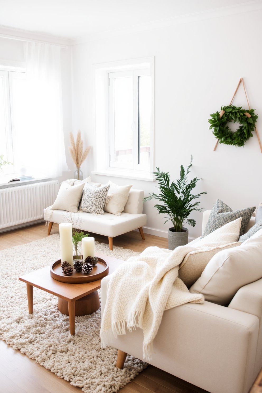 A cozy Scandinavian living room filled with natural light and adorned with seasonal decor. Soft neutral tones dominate the space, complemented by a plush area rug and a mix of textured cushions on a minimalist sofa. In one corner, a small wooden coffee table holds a collection of pinecones and a seasonal candle arrangement. Greenery from potted plants adds a touch of life, while a carefully draped throw blanket invites warmth and comfort.