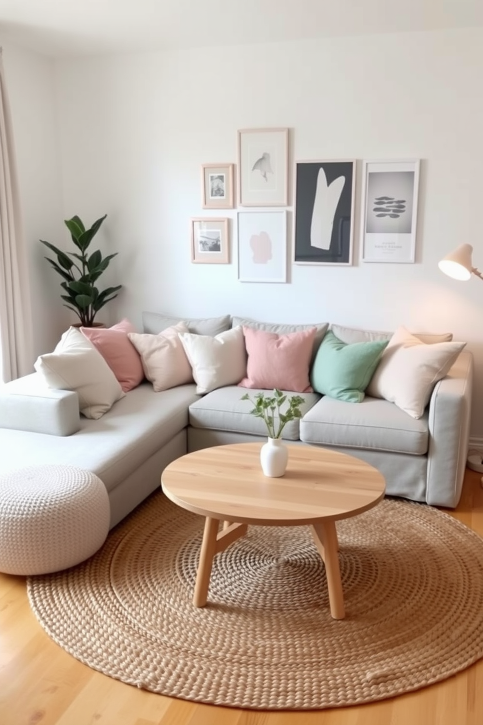 A stylish Scandinavian living room featuring a large, plush sectional sofa in a light gray fabric. The focal point of the room is a beautifully crafted wooden coffee table with clean lines, surrounded by minimalist decor and soft textiles. The walls are painted in a soft white hue, enhancing the natural light that floods the space. A cozy area rug in muted tones anchors the seating area, while a statement floor lamp adds warmth and character to the room.