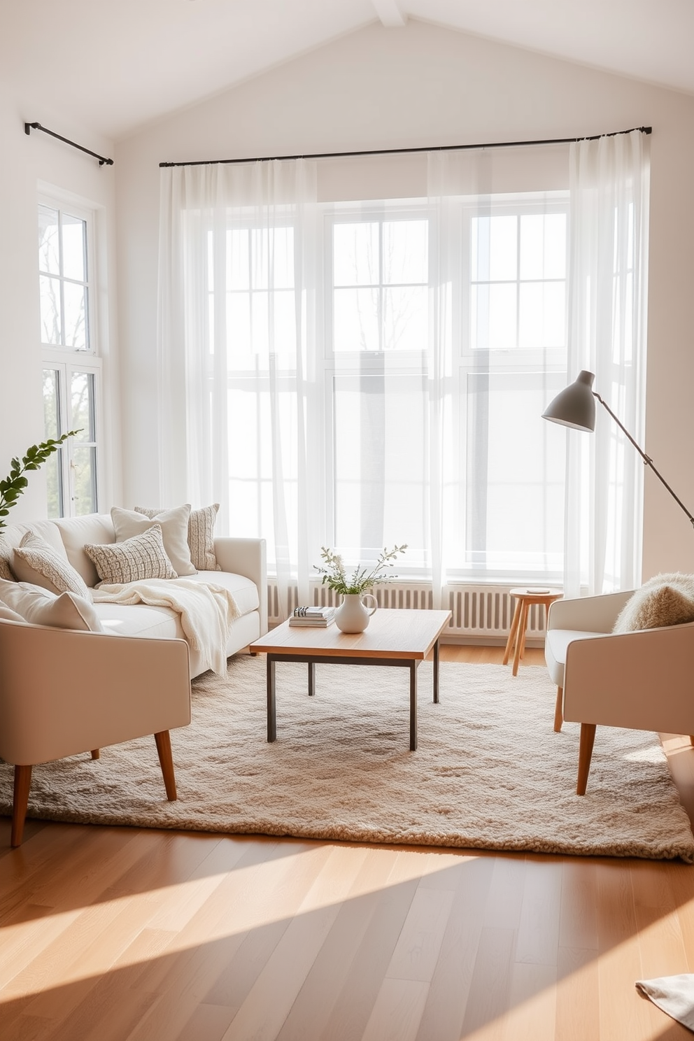 A cozy Scandinavian living room filled with natural light. Soft neutral tones dominate the space, with a plush cream sofa adorned with knitted throws and oversized cushions. A light wood coffee table sits in the center, surrounded by a pair of minimalist armchairs. The floor is covered with a thick, textured rug, adding warmth and comfort to the atmosphere.