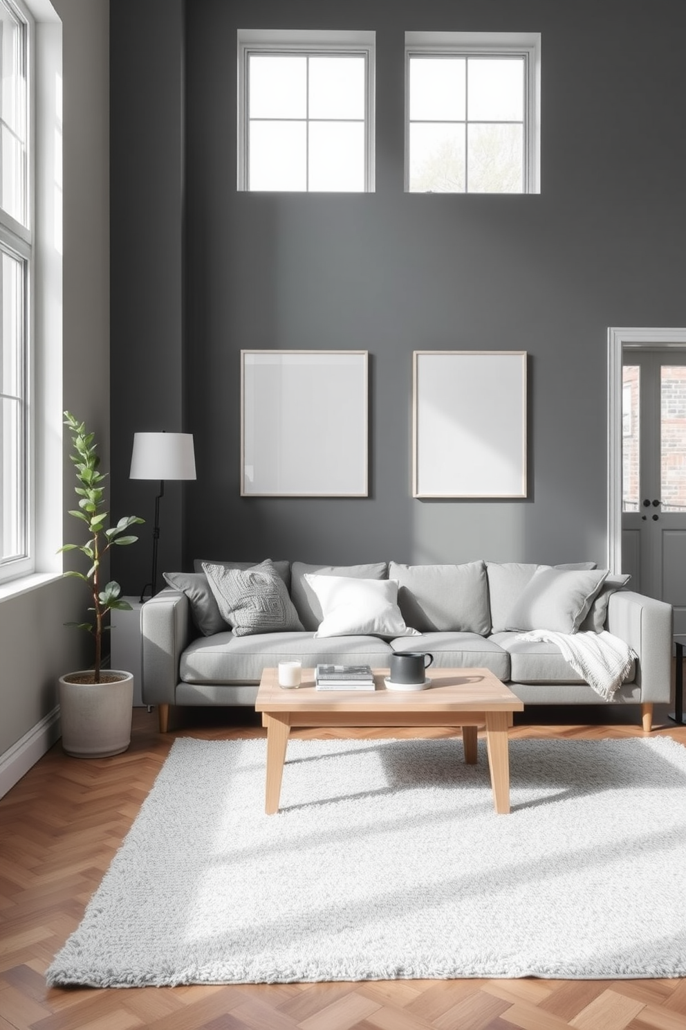 A serene Scandinavian living room featuring a monochromatic color palette with varying shades of gray. The space includes a plush gray sofa adorned with textured throw pillows and a minimalist coffee table made of light wood. Large windows allow natural light to flood the room, highlighting a soft area rug that anchors the seating area. A tall indoor plant in a simple pot adds a touch of greenery against the neutral backdrop.