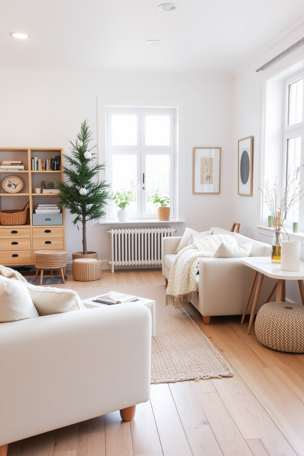 A bright and airy Scandinavian living room features light wood furniture and floors that create a warm and inviting atmosphere. The space is adorned with cozy textiles, including a soft cream sofa and a chunky knit throw, complemented by minimalist decor and plenty of natural light.