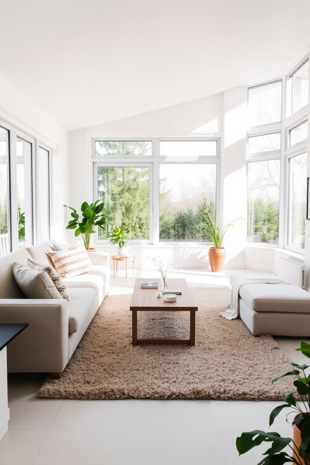 A bright Scandinavian living room filled with natural light from large windows that stretch from floor to ceiling. The room features a cozy neutral sofa adorned with textured throw pillows and a minimalist coffee table made of light wood. The walls are painted in a soft white hue, enhancing the airy feel of the space. A plush area rug in muted tones anchors the seating area, while a few potted plants add a touch of greenery to the room.