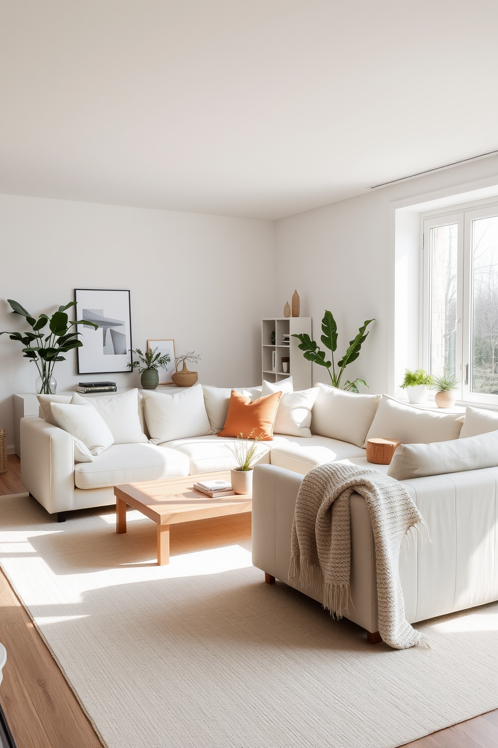 A serene Scandinavian living room featuring minimalist decor. The space is adorned with a light-colored sofa, a simple wooden coffee table, and a cozy woolen throw draped over the armrest. Natural light floods the room through large windows, highlighting the neutral color palette. A few potted plants add a touch of greenery, while a sleek bookshelf displays curated decorative items.