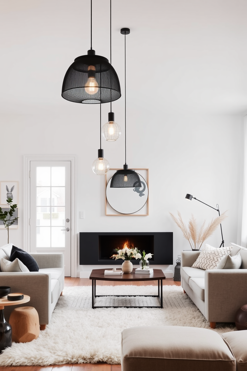 A Scandinavian living room featuring layered lighting with stylish pendant fixtures. The space is adorned with a cozy neutral palette, complemented by a plush area rug and minimalist furniture that emphasizes functionality and comfort.