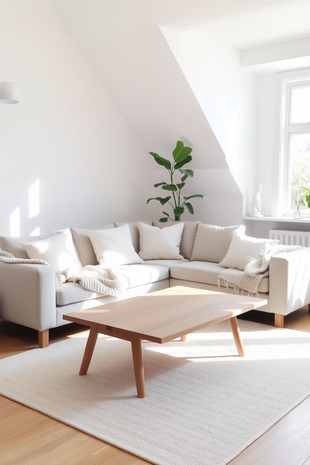 A bright and airy Scandinavian living room filled with natural light. The space features a plush light gray sofa adorned with soft pastel cushions and a cozy knitted throw. In one corner, a tall leafy green plant adds a refreshing touch of nature. A minimalist wooden coffee table sits in front of the sofa, complemented by a soft area rug in neutral tones.