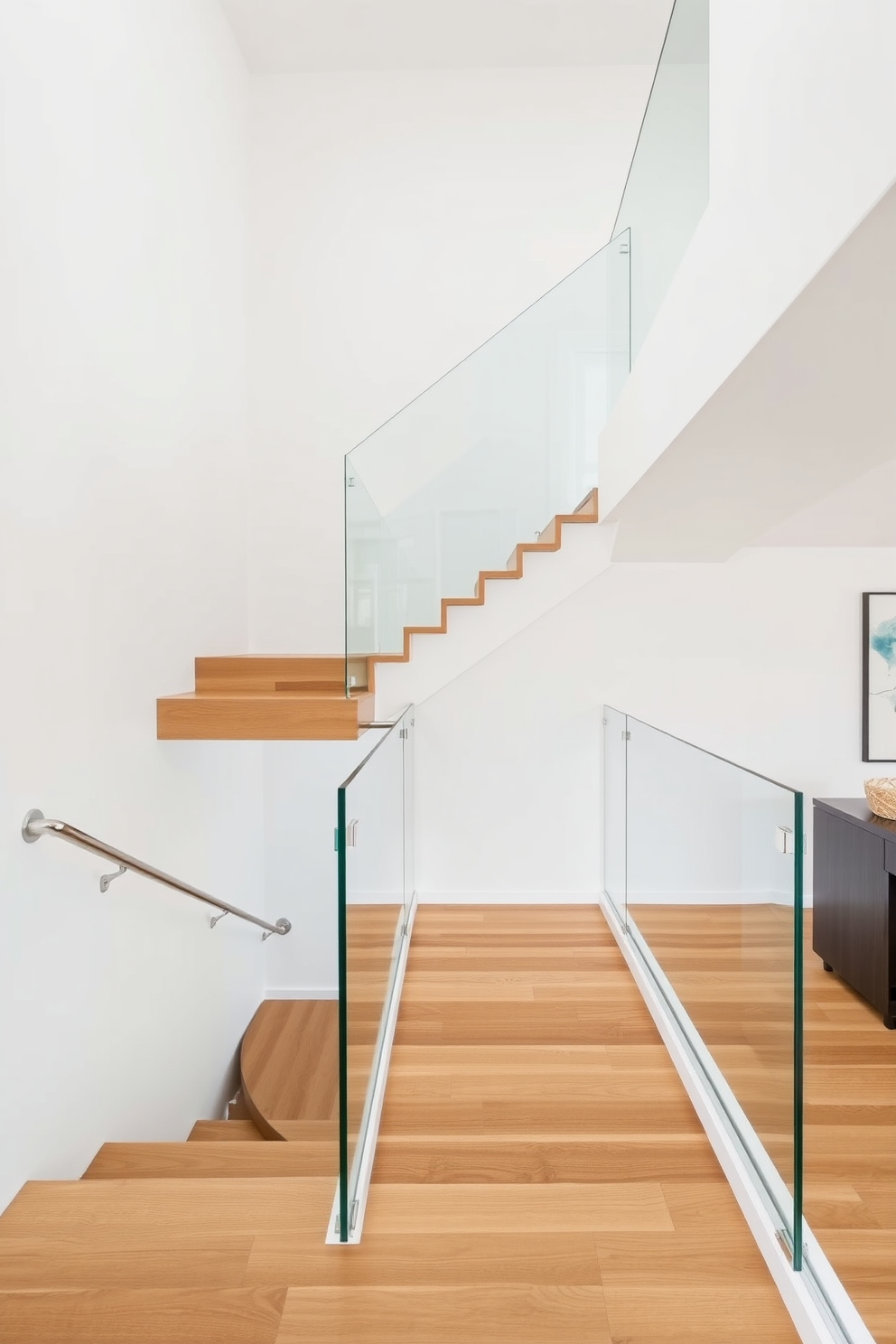 Open riser staircase featuring sleek wooden treads and a modern glass railing. The staircase is illuminated by natural light streaming through large windows, creating an airy and spacious feel. The second floor showcases a minimalist design with a neutral color palette and elegant accents. A stylish runner rug adds warmth and texture, enhancing the overall aesthetic of the space.