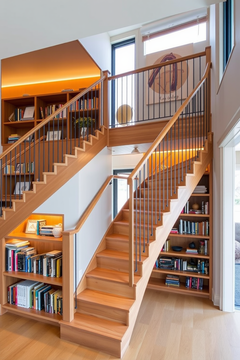 A stunning staircase with built-in bookshelves underneath creates a seamless blend of functionality and elegance. The wooden shelves are filled with an array of books and decorative items, while the staircase features a sleek railing and warm lighting that enhances the inviting atmosphere. The second floor showcases a beautifully designed staircase that serves as a focal point in the space. The open design allows natural light to flood in, highlighting the craftsmanship of the wood and the curated collection of books displayed below.