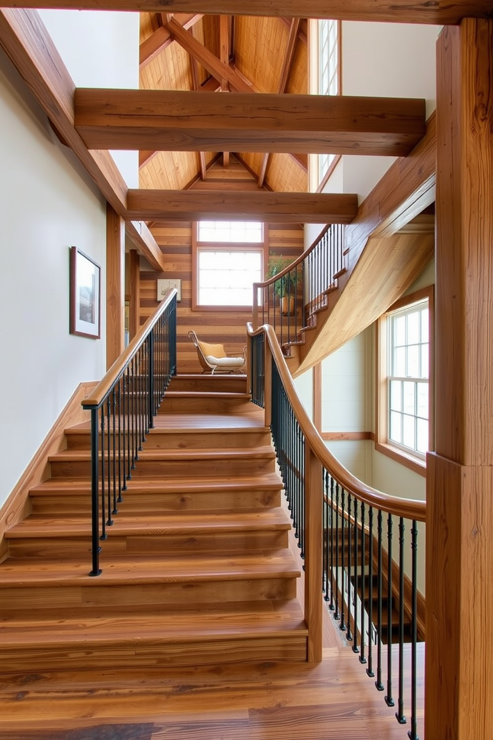 A rustic staircase featuring reclaimed wood beams and treads creates a warm and inviting atmosphere. The handrail is crafted from wrought iron, adding a touch of elegance to the natural wood finish. On the walls, exposed brick complements the rustic charm, while soft lighting highlights the staircase's unique features. A collection of framed artwork adorns the landing, enhancing the overall aesthetic of the space.