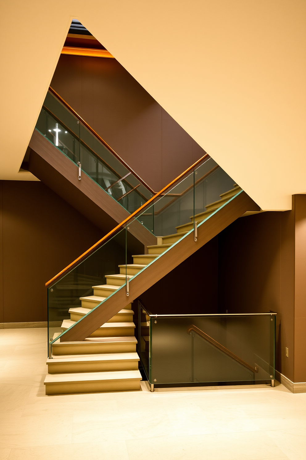 A striking geometric staircase with an angular design that serves as a focal point in the entryway. The staircase features sharp lines and bold shapes, complemented by a sleek glass railing that enhances the modern aesthetic. The second floor staircase design incorporates innovative materials such as polished concrete and warm wood accents. Ambient lighting is strategically placed to highlight the unique angles and create an inviting atmosphere.