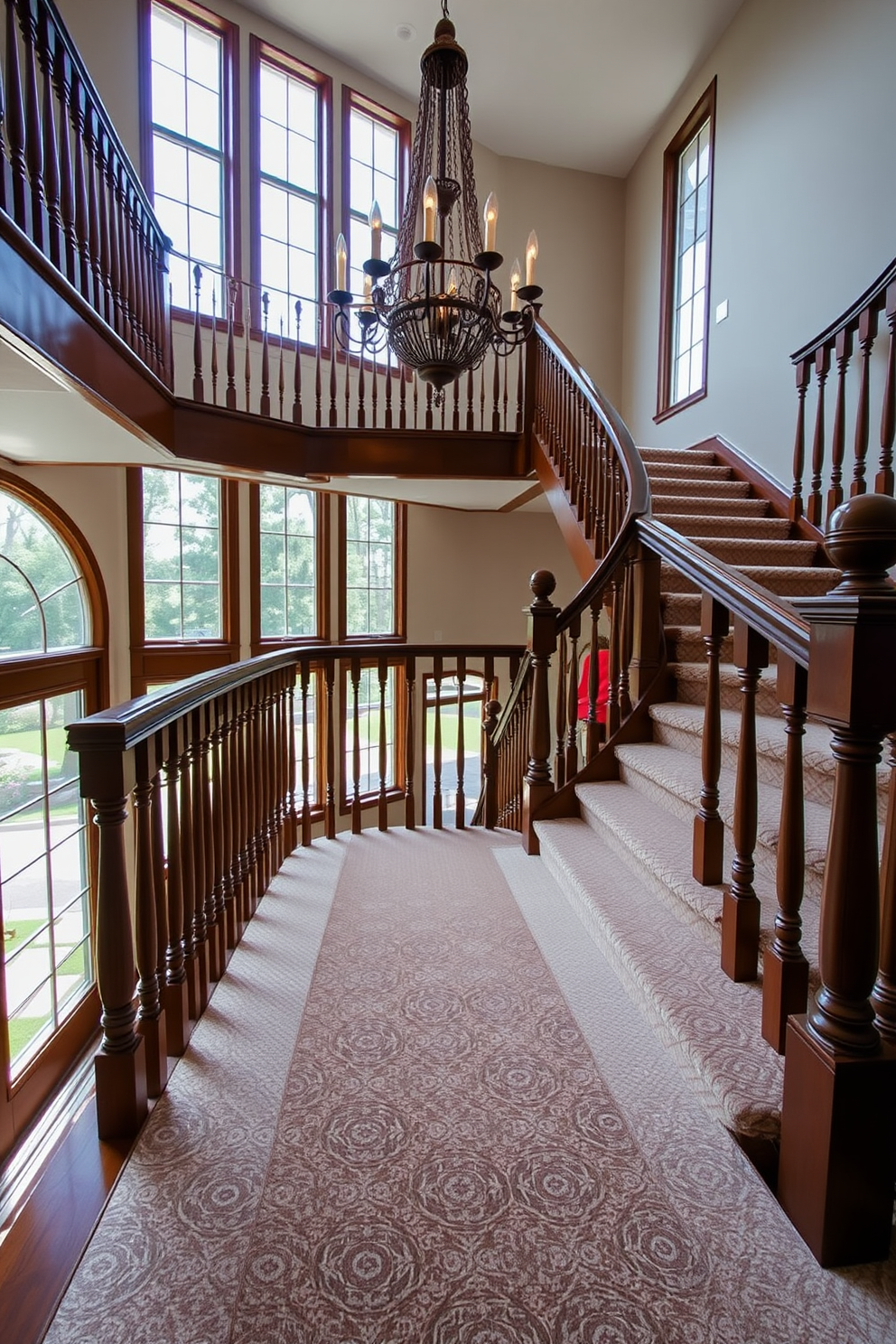 Wide staircase with plush runner carpet. The staircase features elegant wooden balusters and a grand chandelier hanging from the ceiling. The plush runner carpet adds warmth and comfort to each step. Natural light floods in from large windows, illuminating the space and highlighting the rich textures.