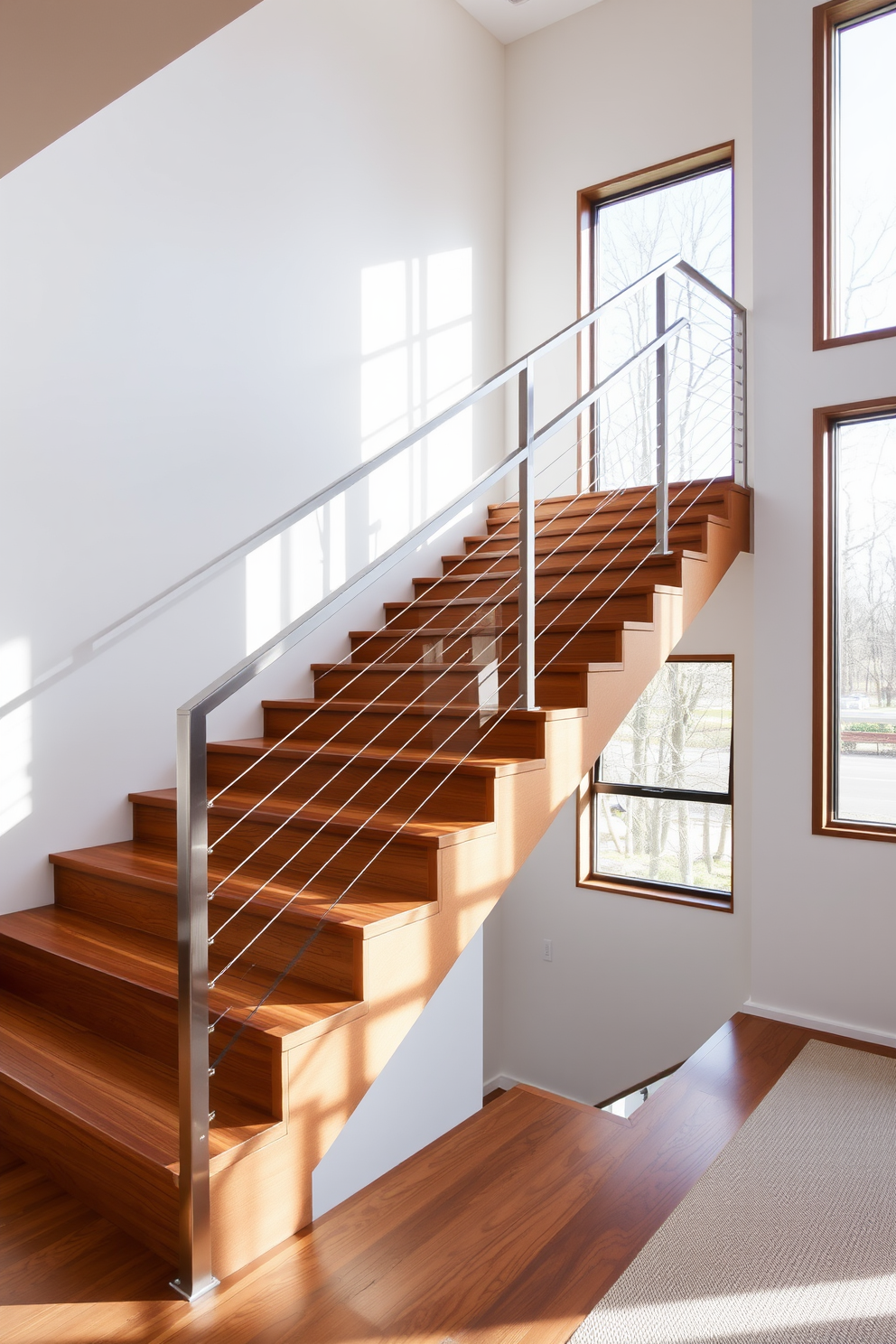 A contemporary staircase with angular design features sleek wooden steps that appear to float elegantly in the air. The railings are made of glass, allowing for unobstructed views of the surrounding space while maintaining a modern aesthetic. The second floor staircase design ideas include a minimalist approach with clean lines and geometric shapes. Soft, ambient lighting highlights the unique angles and adds a touch of sophistication to the overall design.