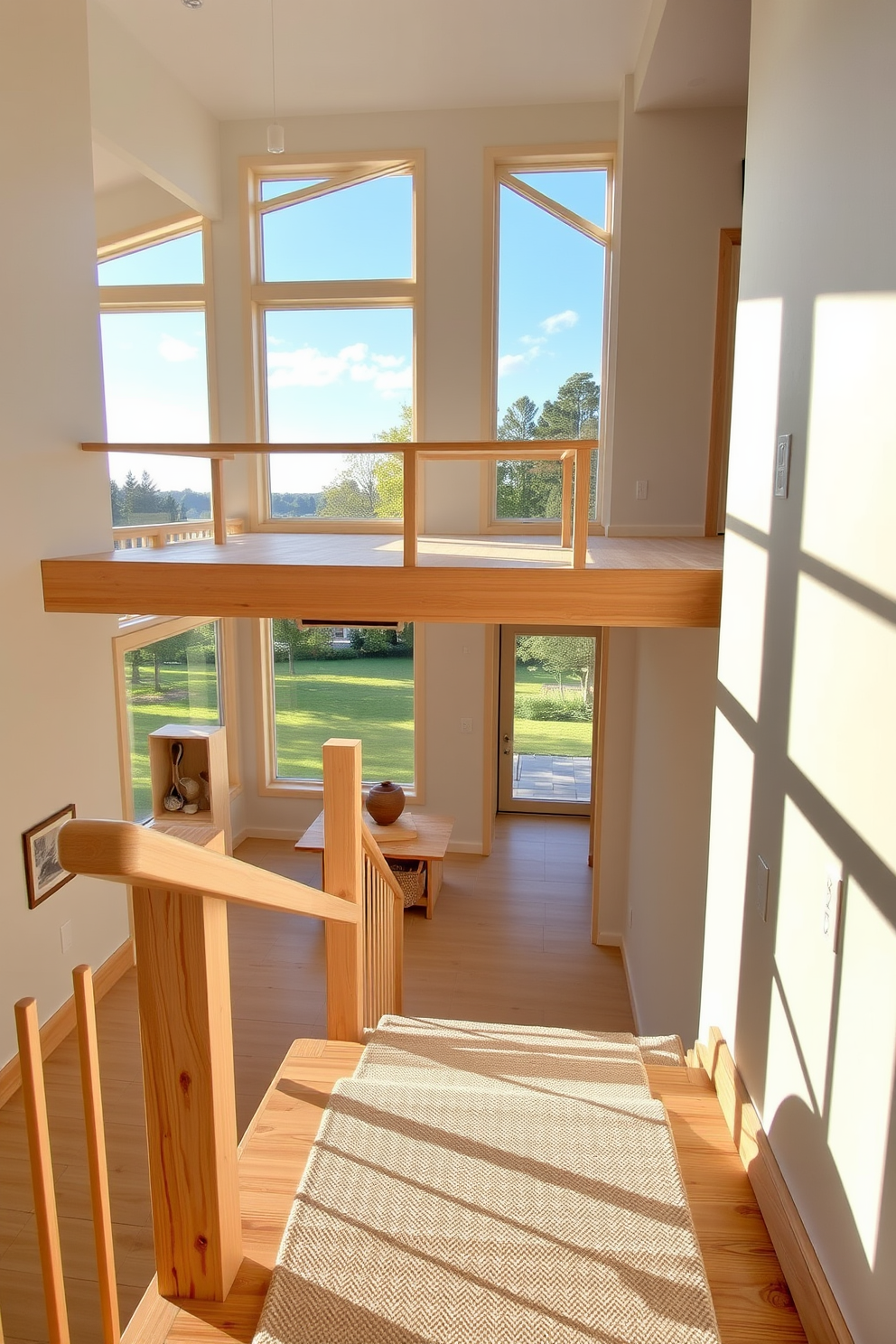 A Scandinavian style staircase features light wood with clean lines and minimalistic design. The handrail is a simple yet elegant design, complementing the open space and natural light flooding the area. The stairs are adorned with a soft, neutral runner that adds warmth and texture. Large windows on the landing provide a stunning view of the outdoors, enhancing the airy feel of the second floor.