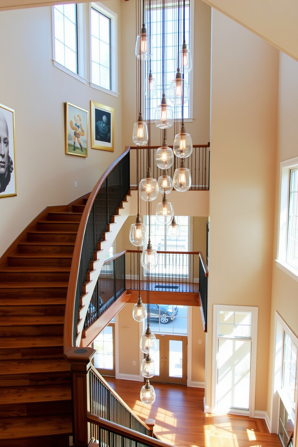 A stunning staircase features unique pendant lighting that cascades down in an artistic arrangement. The walls are adorned with elegant artwork, and the staircase itself is finished in rich hardwood, creating a warm and inviting atmosphere. The second floor showcases a seamless transition with a modern railing that complements the overall design. Natural light floods the space through large windows, enhancing the beauty of the staircase and its surroundings.