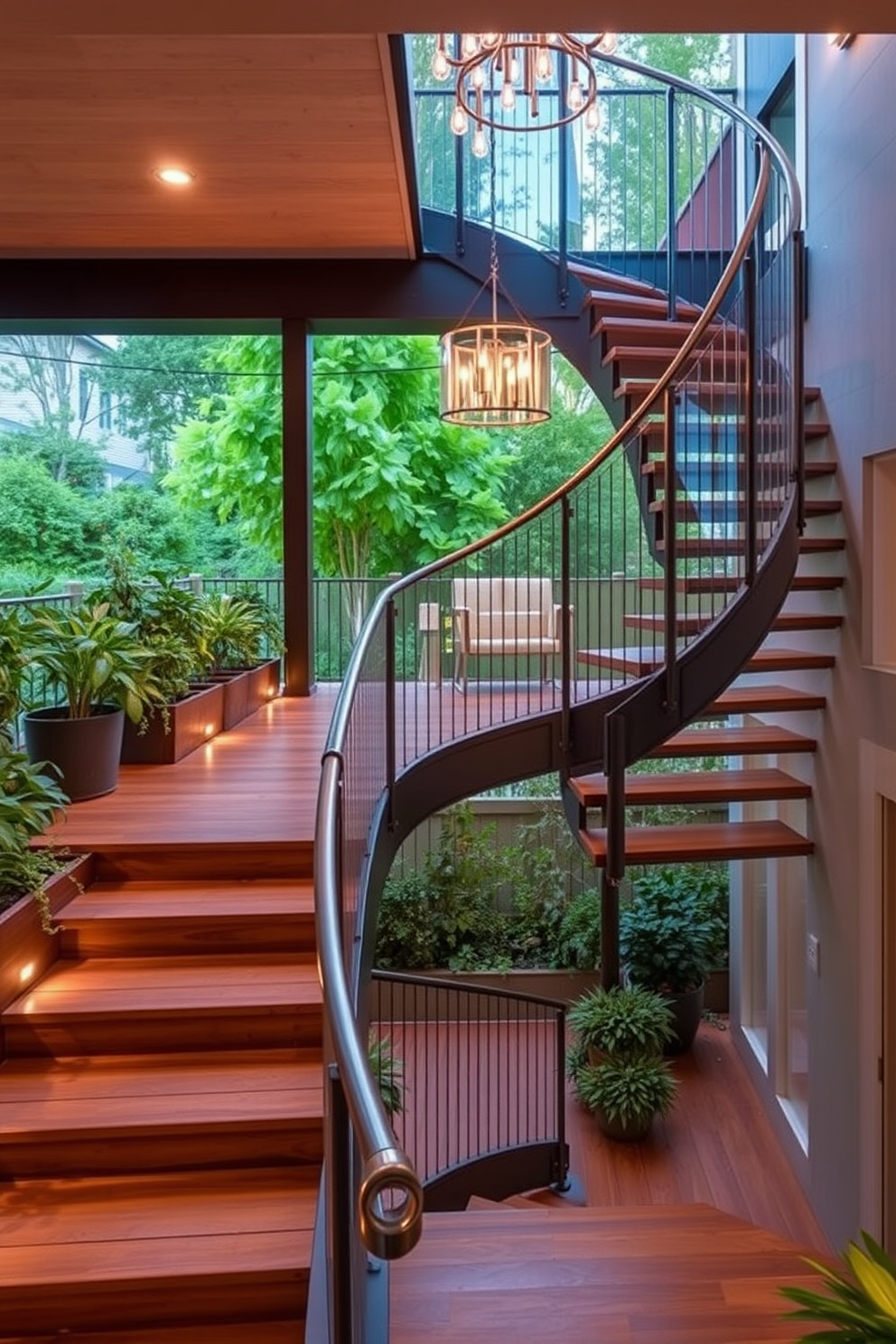 Outdoor staircase leading to balcony. The staircase features wooden steps with a sleek metal railing, surrounded by lush greenery and decorative outdoor lighting. Second floor staircase design ideas. The staircase is an elegant spiral design with a glass balustrade, complemented by a modern chandelier hanging above.