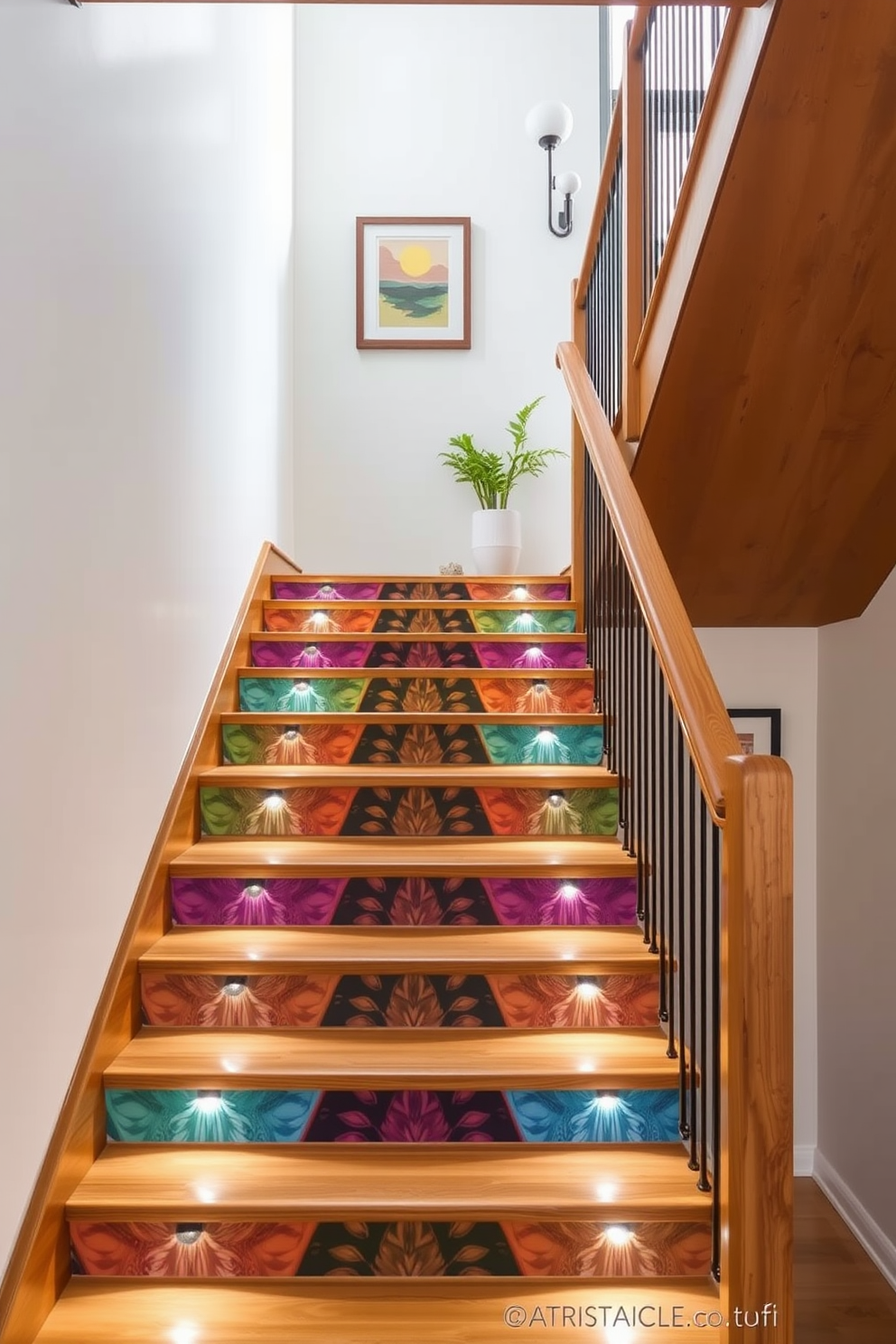 Artistic staircase with painted risers. The staircase features a sleek wooden structure with vibrant, hand-painted risers that showcase a unique pattern or design. The railings are elegantly crafted in a modern style, complementing the artistic elements of the staircase. Soft lighting illuminates the steps, enhancing the visual appeal and creating an inviting atmosphere. Second floor staircase design ideas. Consider incorporating a blend of materials such as glass and metal for a contemporary look that opens up the space. Add decorative elements like artwork or plants along the staircase to create a personalized touch and enhance the overall aesthetic.