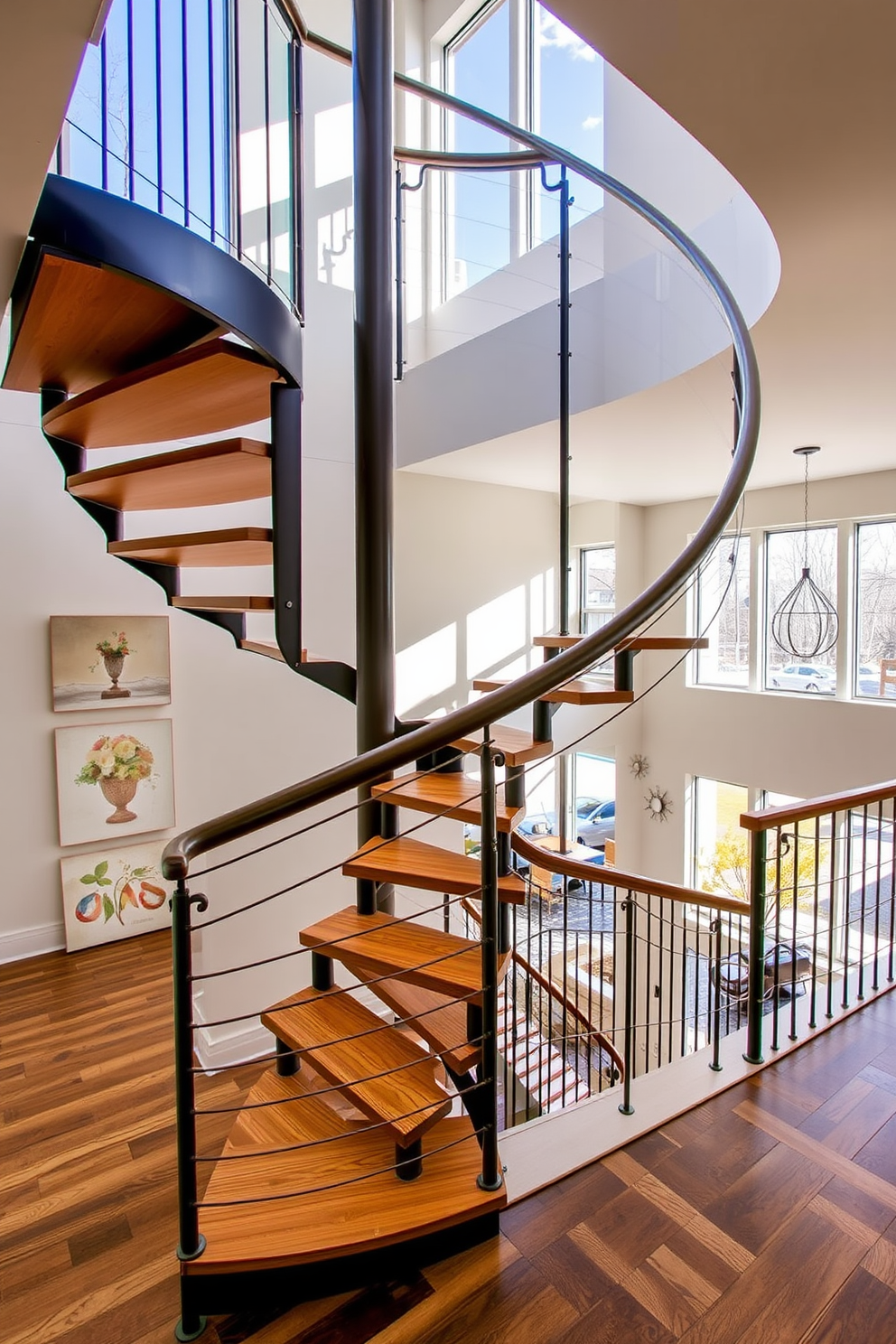 A stunning curved wooden staircase gracefully ascends to the second floor, showcasing an intricate banister that adds elegance to the space. The warm tones of the wood complement the surrounding decor, creating a welcoming atmosphere that invites guests to explore further. On the second floor, the staircase design features open risers and a sleek glass railing, allowing natural light to flow through while maintaining a sense of openness. The area is adorned with tasteful artwork and a plush runner that enhances the luxurious feel of the home.