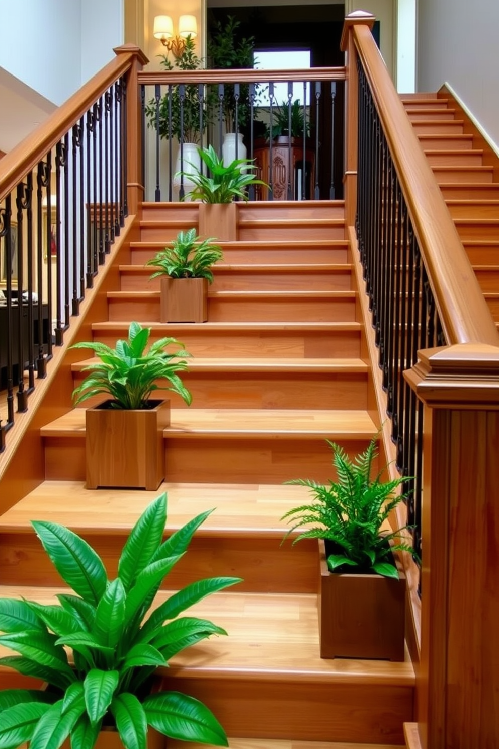 A vintage staircase with retro wallpaper features intricate wooden banisters and a rich, dark wood finish. The wallpaper showcases bold patterns in warm colors, creating a cozy and inviting atmosphere. For the second floor staircase design, consider incorporating a stylish runner that complements the wallpaper. Soft lighting fixtures are strategically placed to highlight the staircase's architectural details and enhance the overall aesthetic.