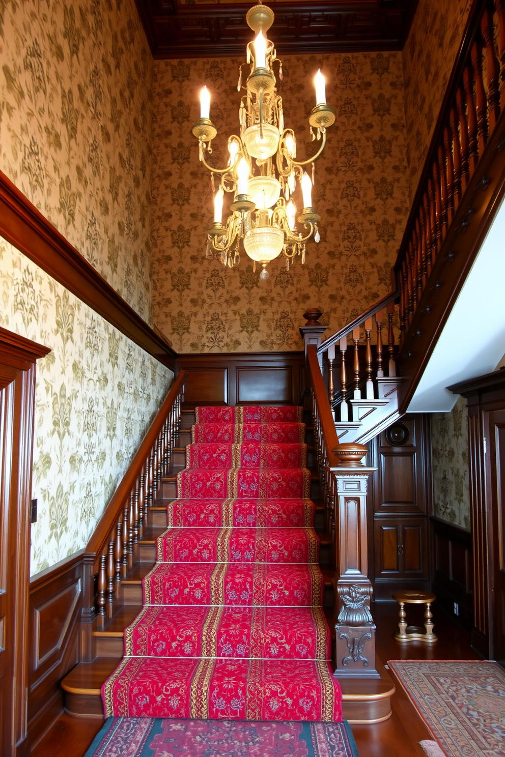 A grand Victorian staircase featuring intricate wooden balusters and a beautifully carved newel post. The steps are covered with a rich, patterned runner that complements the ornate details of the staircase. The walls surrounding the staircase are adorned with elegant wallpaper showcasing floral motifs. A stunning chandelier hangs above, casting a warm glow over the entire space.