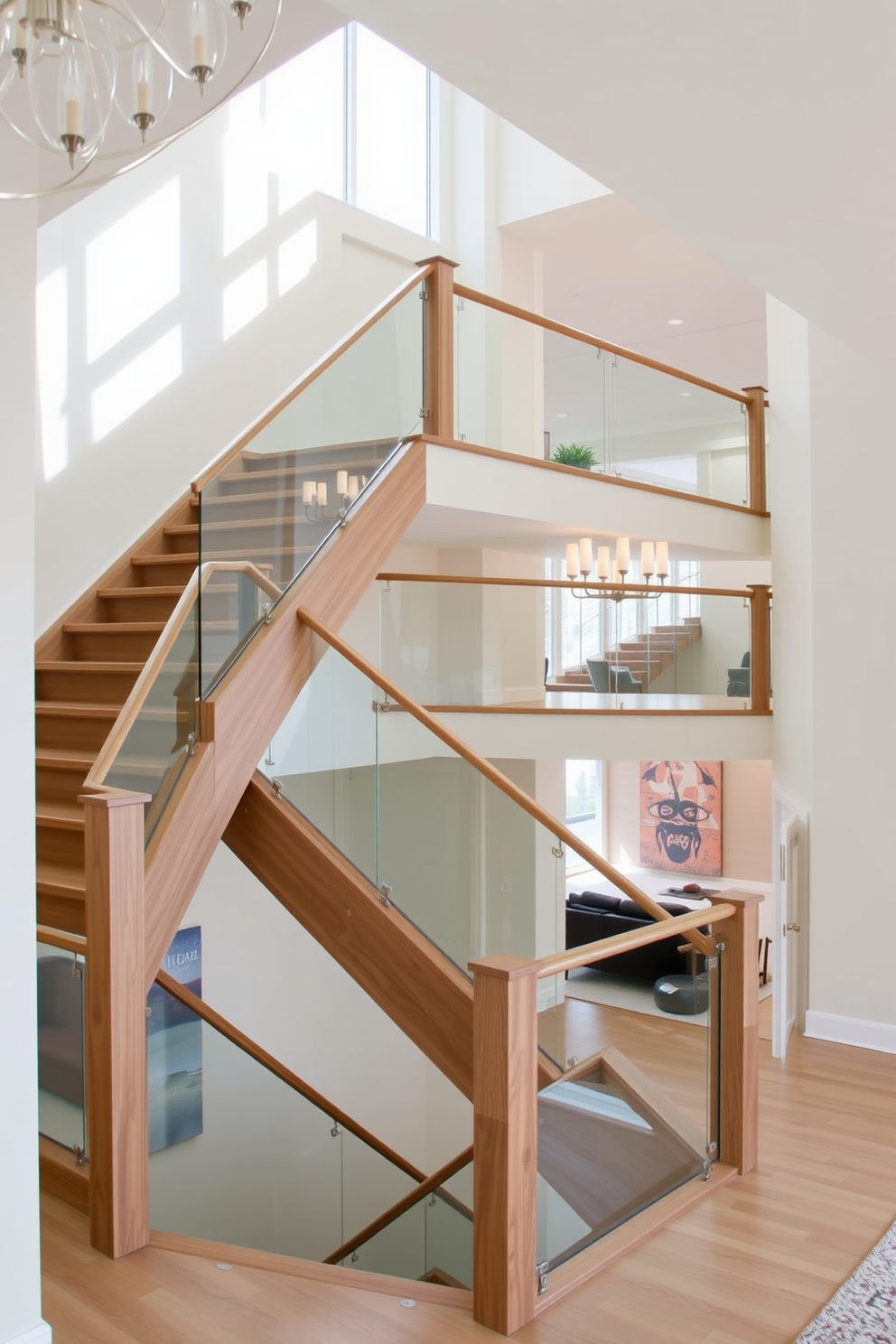 A stunning open staircase seamlessly connects the living spaces, featuring a sleek wooden structure that enhances the flow of the home. The staircase is adorned with glass railings, allowing natural light to cascade through and illuminate the area. The second floor showcases a modern design with elegant lighting fixtures that highlight the staircase's architectural beauty. Soft neutral tones on the walls create a warm and inviting atmosphere, making the transition between floors feel effortless.