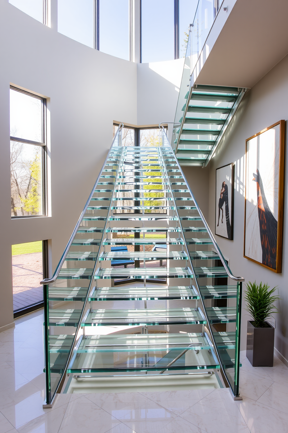 A stunning geometric staircase features asymmetrical shapes that create a visually striking focal point in the space. The steps are crafted from rich hardwood, contrasting beautifully with the sleek metal railings that add a modern touch. On the second floor, the staircase design incorporates open treads to enhance the sense of light and space. Large windows flank the staircase, allowing natural light to flood the area and highlight the unique geometry of the design.