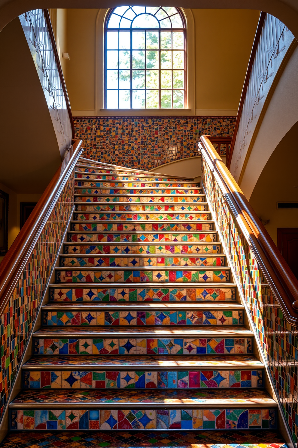 A grand staircase features integrated seating along the side, creating an inviting space for relaxation. The seating area is adorned with plush cushions and a small coffee table, perfect for enjoying a book or conversation. The staircase itself showcases elegant wooden steps with a sleek metal railing, enhancing the modern aesthetic. Natural light floods the area through large windows, highlighting the beautiful craftsmanship and design details.