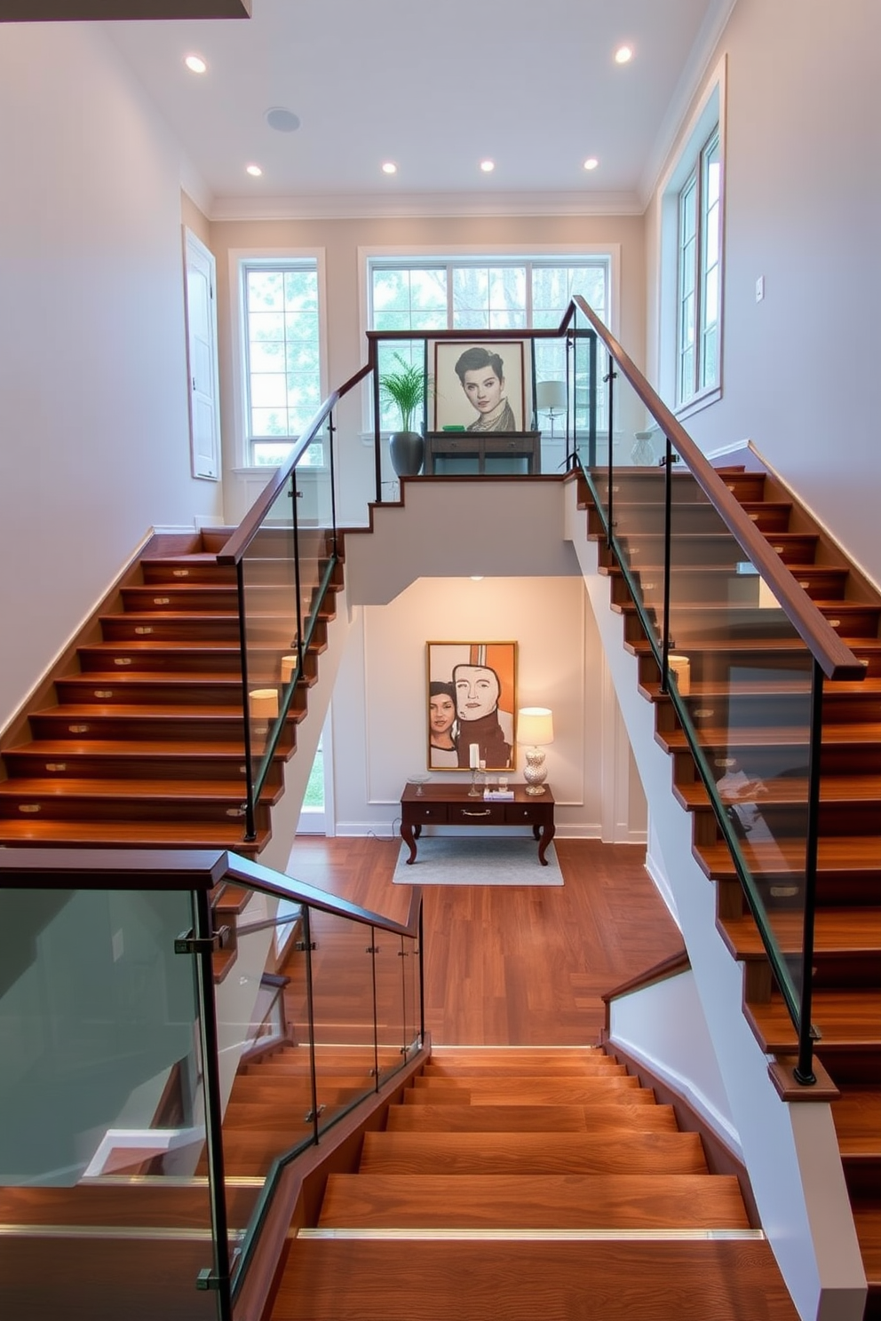 A grand staircase featuring natural stone steps that seamlessly blend with the surrounding decor. The walls are adorned with elegant artwork, and a stylish railing adds a touch of sophistication. The staircase is illuminated by ambient lighting that highlights the texture of the stone. At the landing, a cozy reading nook with a plush chair invites relaxation and enjoyment of the view.