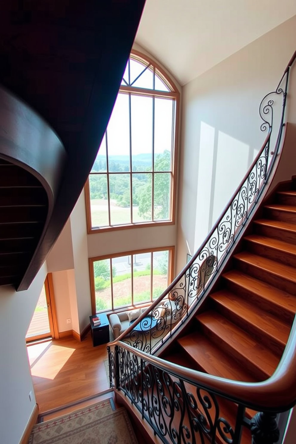 An elegant staircase with a grand chandelier overhead. The staircase features a sleek wooden railing and plush carpet runners that add warmth and sophistication to the space. The walls are adorned with tasteful artwork, enhancing the overall aesthetic. Natural light floods in through large windows, creating an inviting atmosphere on the second floor.