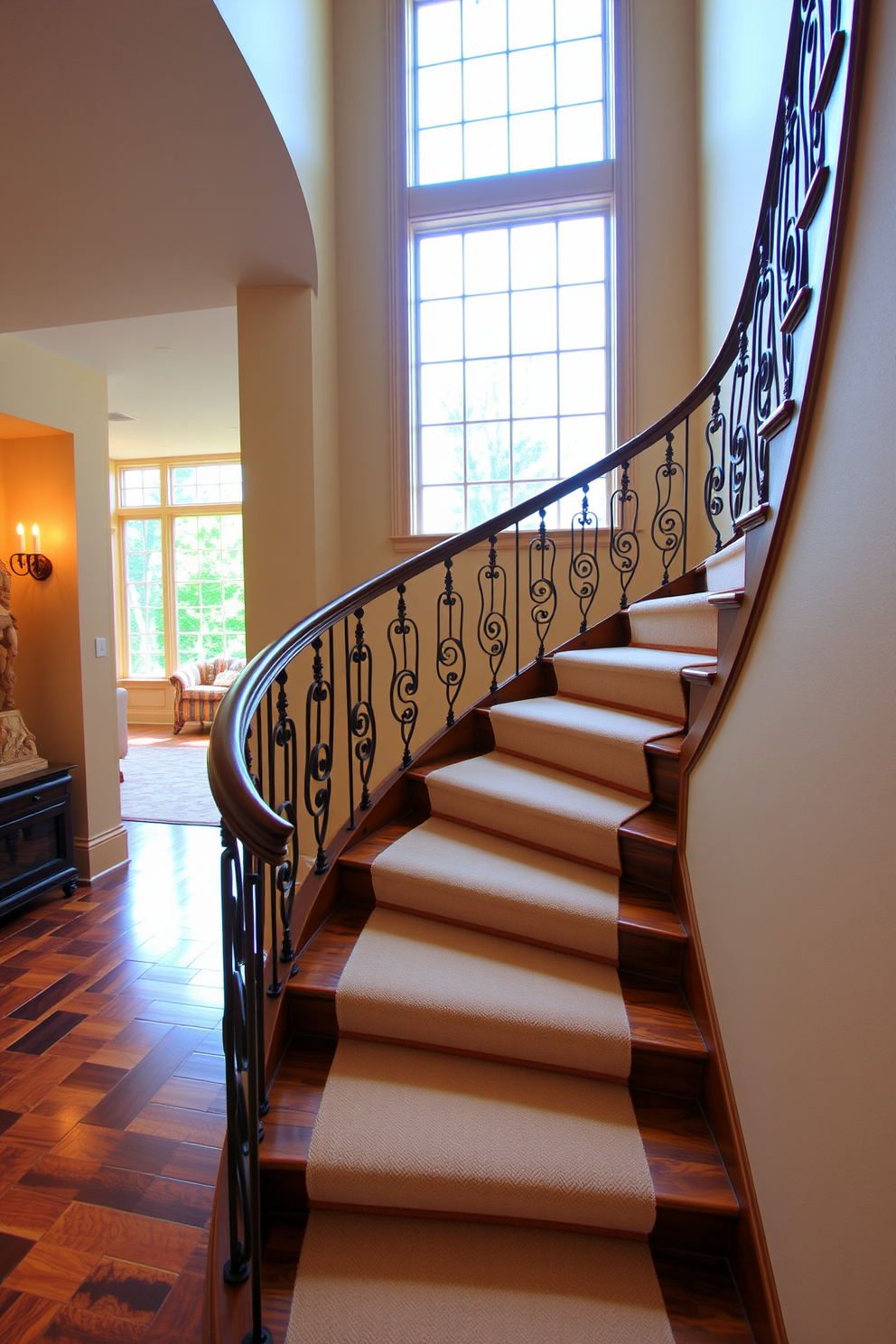 Elegant staircase with a curved handrail that gracefully sweeps up to the second floor. The staircase features rich wooden treads and a soft carpet runner, creating a warm and inviting atmosphere. The handrail is intricately designed with wrought iron balusters, adding a touch of sophistication. Natural light floods the space through a large window, highlighting the elegant curves and details of the staircase design.