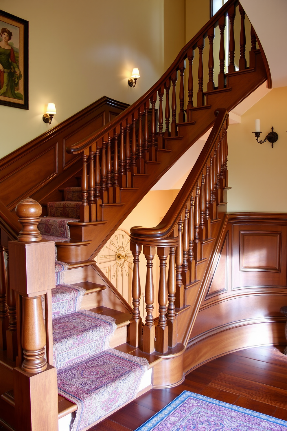 A vintage staircase with classic charm features intricate wooden balusters and a polished handrail that showcases the craftsmanship of a bygone era. Soft, warm lighting illuminates the staircase, highlighting the rich wood tones and the elegant curves of the steps. For the second floor staircase design ideas, consider adding a runner rug that complements the vintage aesthetic while providing comfort underfoot. Incorporate decorative wall sconces along the staircase walls to enhance the ambiance and create a welcoming atmosphere.