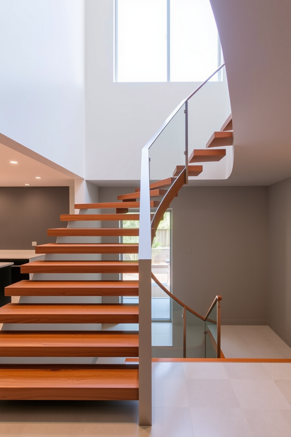 A stunning floating staircase with sleek wooden treads gracefully ascends to the second floor. The design features a minimalist railing that enhances the open feel of the space, allowing natural light to flow through.