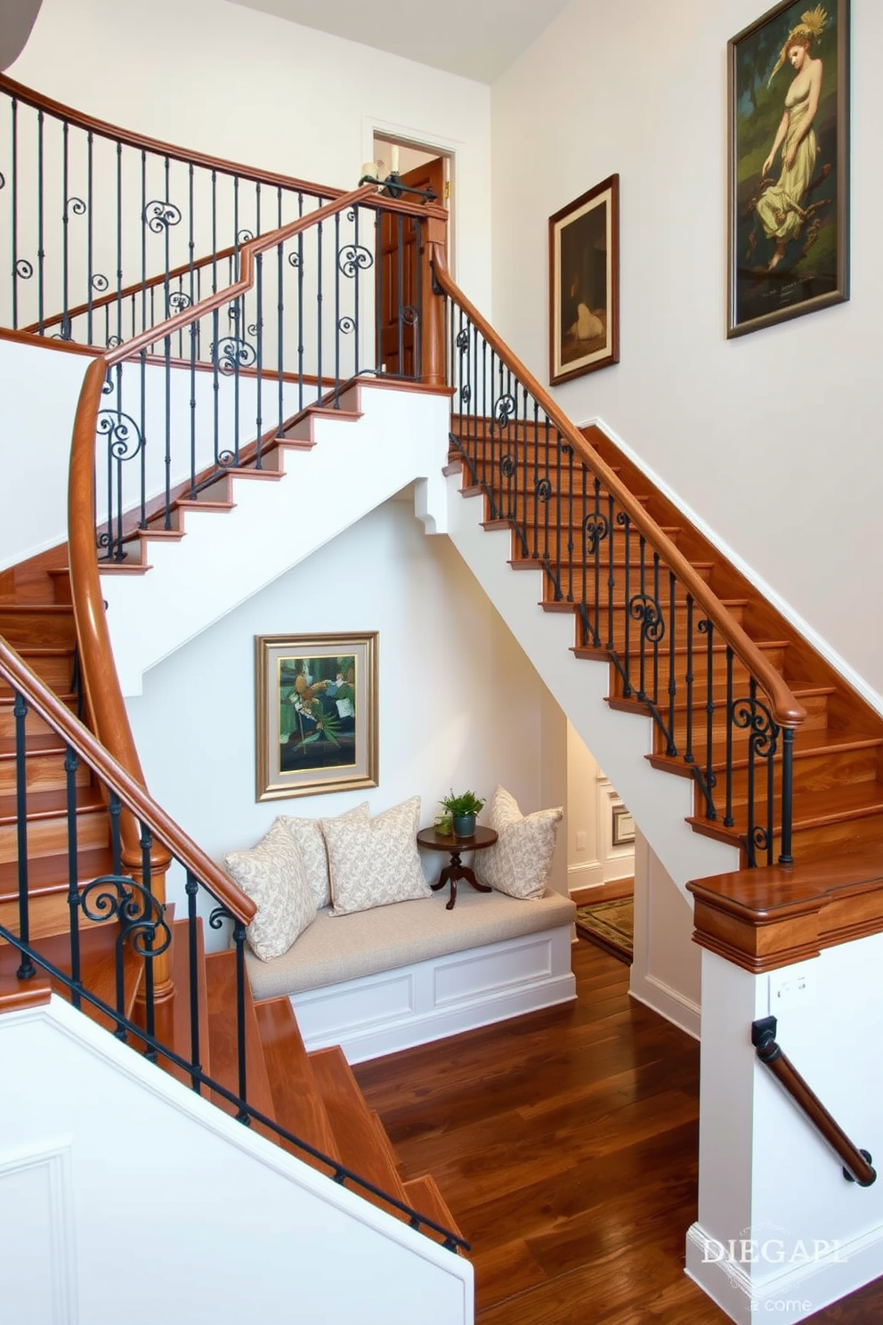 A stunning staircase design featuring built-in seating on the landing. The seating area is adorned with plush cushions and a small side table, creating a cozy nook that invites relaxation. The staircase itself is crafted from rich hardwood, with elegant wrought iron railings that add a touch of sophistication. The walls surrounding the staircase are painted in a soft neutral tone, complemented by strategically placed artwork that enhances the overall aesthetic.