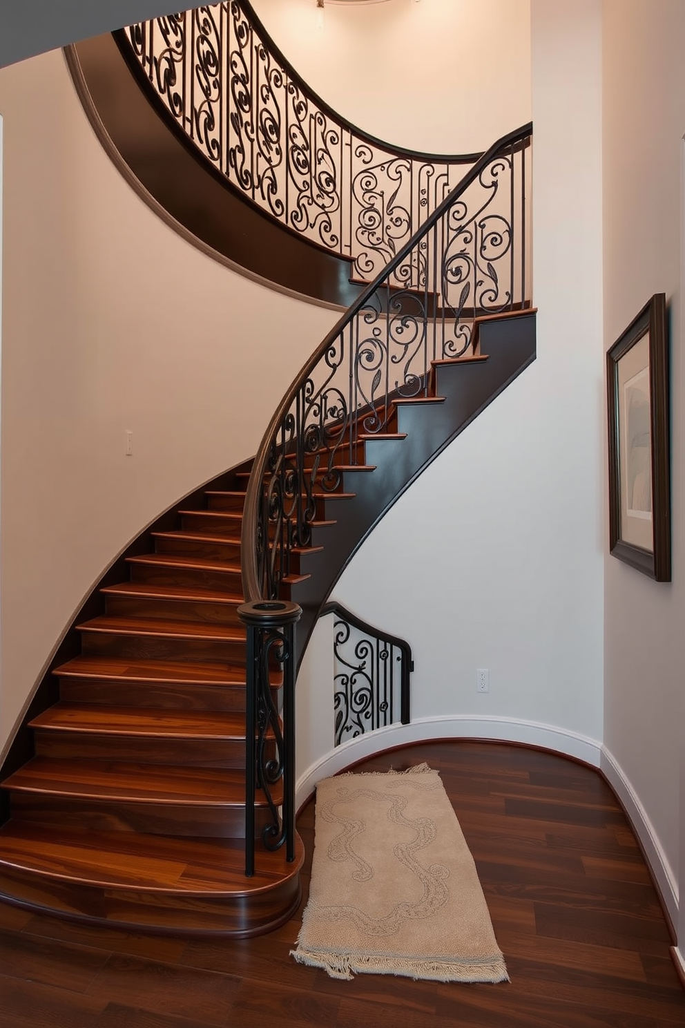 A stylish spiral staircase gracefully ascends in a compact space. The staircase features sleek metal railings and wooden treads, maximizing both functionality and aesthetic appeal. On the second floor, the staircase opens to a bright landing with large windows that invite natural light. The design incorporates built-in shelving along the walls, creating a seamless blend of style and storage.