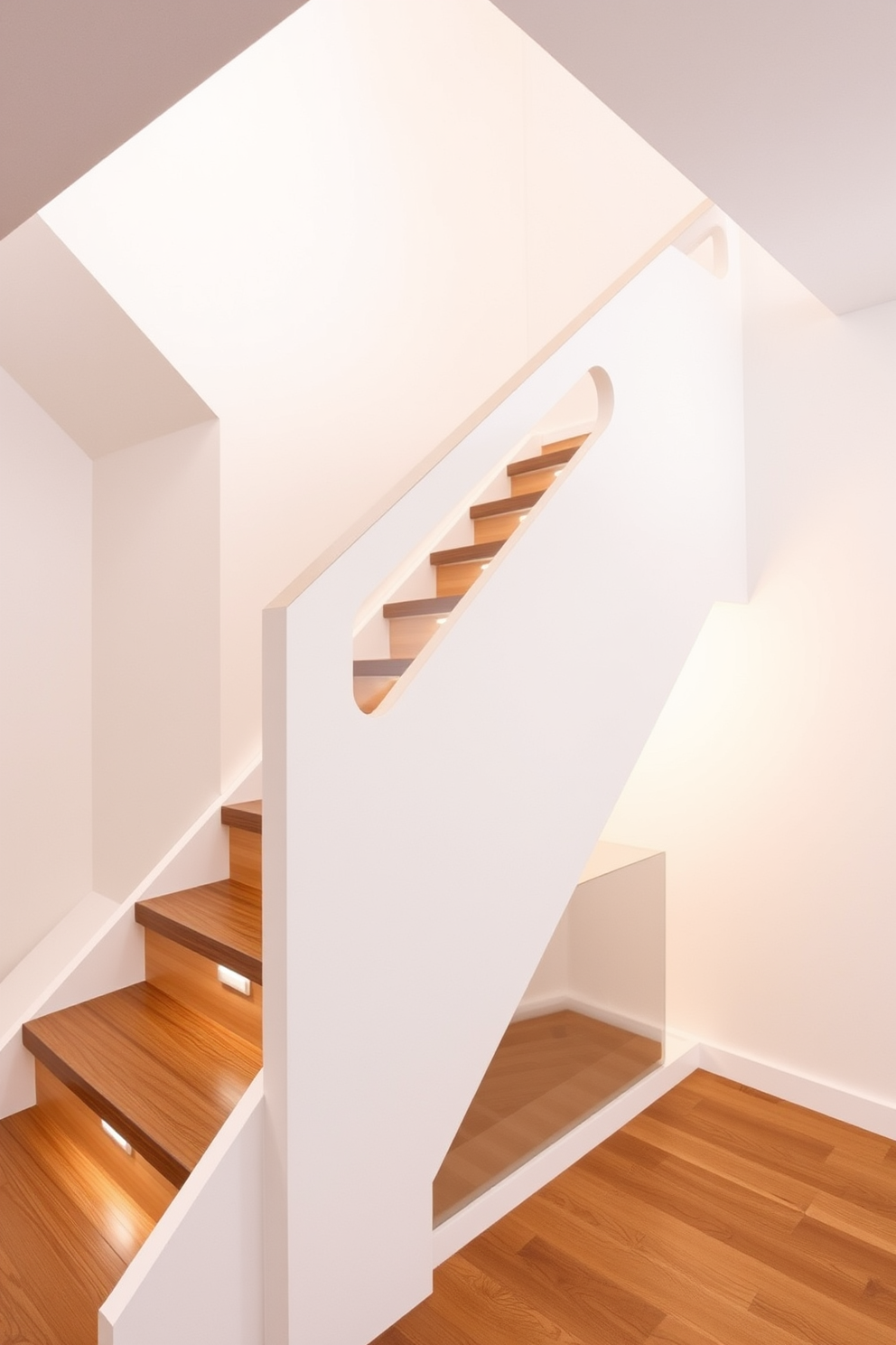 An elegant L-shaped staircase features a spacious landing area adorned with a stylish chandelier that cascades down to illuminate the space. The wooden steps are complemented by a sleek glass railing, creating a modern yet timeless aesthetic. On the second floor, the staircase design incorporates soft lighting along the walls, enhancing the ambiance as you ascend. The landing area is furnished with a cozy seating nook, inviting relaxation and offering a perfect view of the lower level.