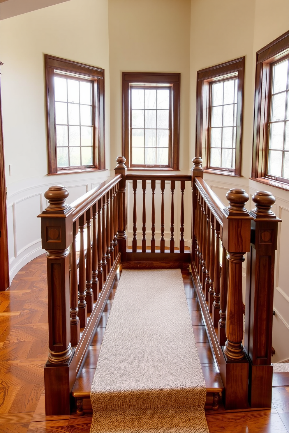 A traditional wooden staircase with elegant balusters showcases craftsmanship and timeless design. The rich wood tones are complemented by a soft runner that adds warmth and texture to the steps. For the second floor staircase design, consider incorporating decorative elements such as wainscoting along the walls. Large windows allow natural light to flood the space, highlighting the staircase's architectural details.