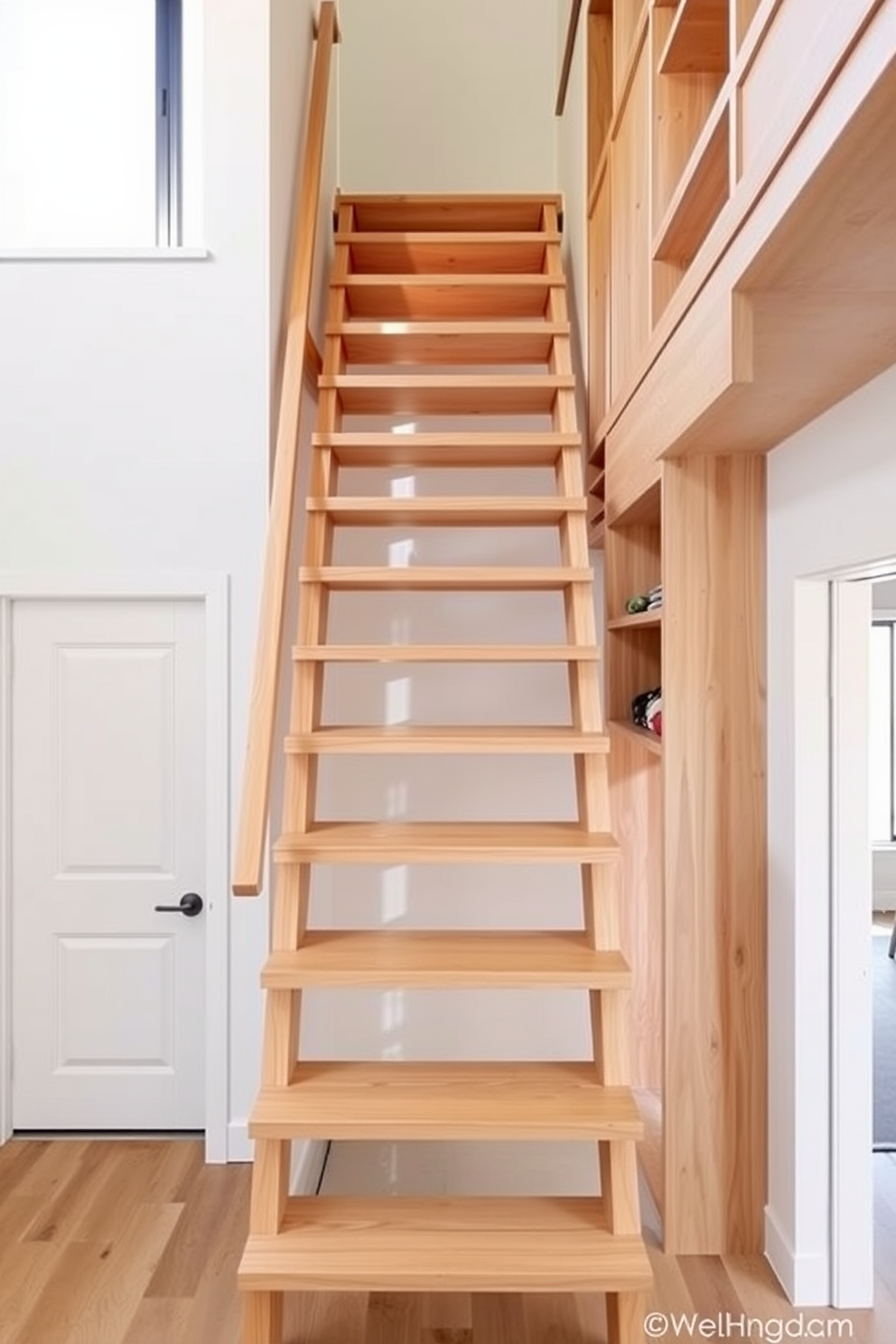 A ladder-style staircase designed for small spaces features sleek wooden steps that create an airy and open feel. The staircase is complemented by a minimalist railing, allowing light to flow freely and enhancing the sense of space. For the second floor, the staircase design incorporates built-in shelving along the sides, providing functional storage without sacrificing style. The use of light-colored wood and a neutral palette ensures that the design remains modern and inviting.