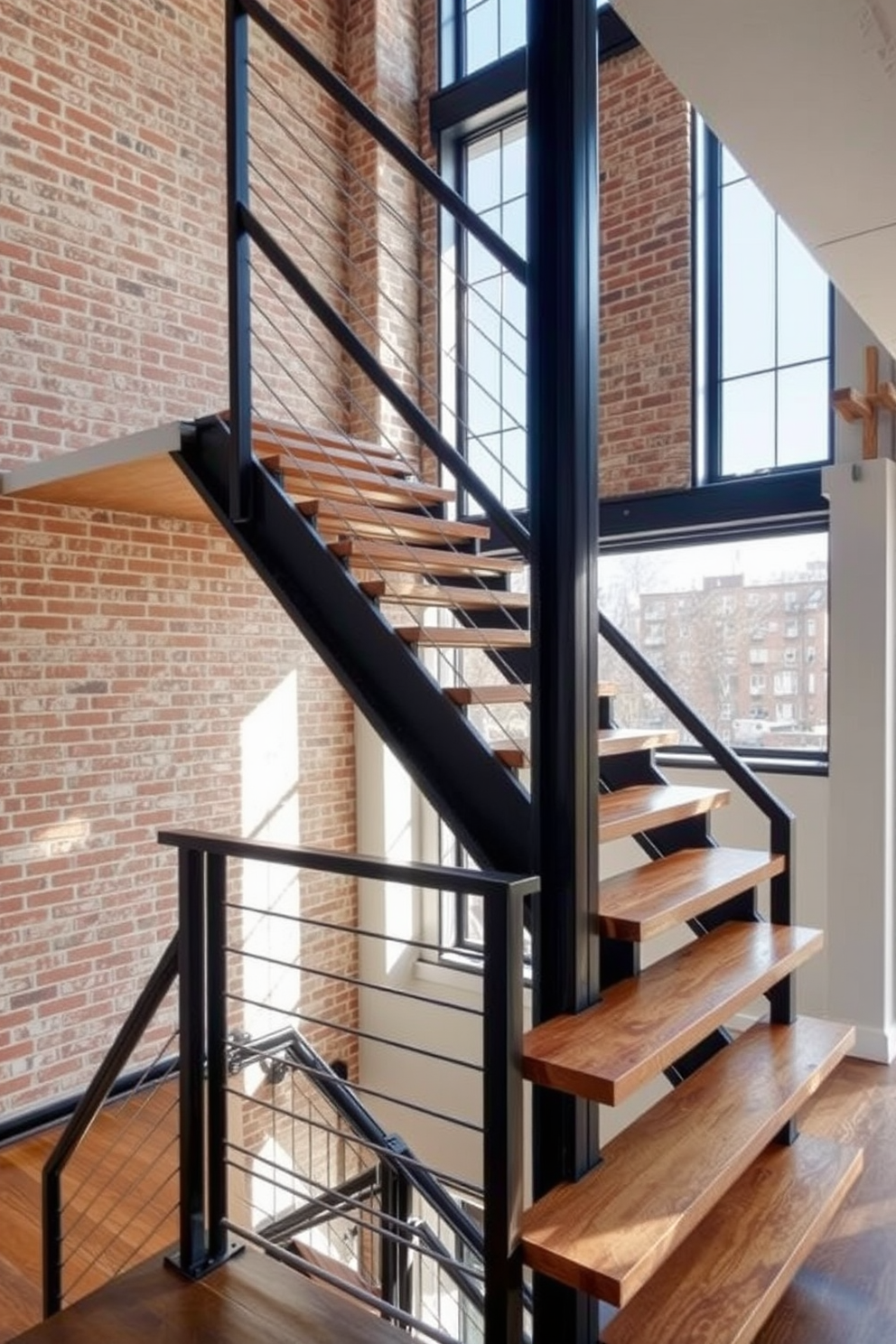 An industrial style staircase features exposed wooden beams and a sleek metal railing that complements the overall aesthetic. The steps are made of reclaimed wood, adding warmth and character to the space while the surrounding walls are painted in a soft gray tone. For the second floor staircase design, consider incorporating large windows that allow natural light to flood the area. The combination of industrial materials and modern finishes creates an inviting and functional transition between floors.