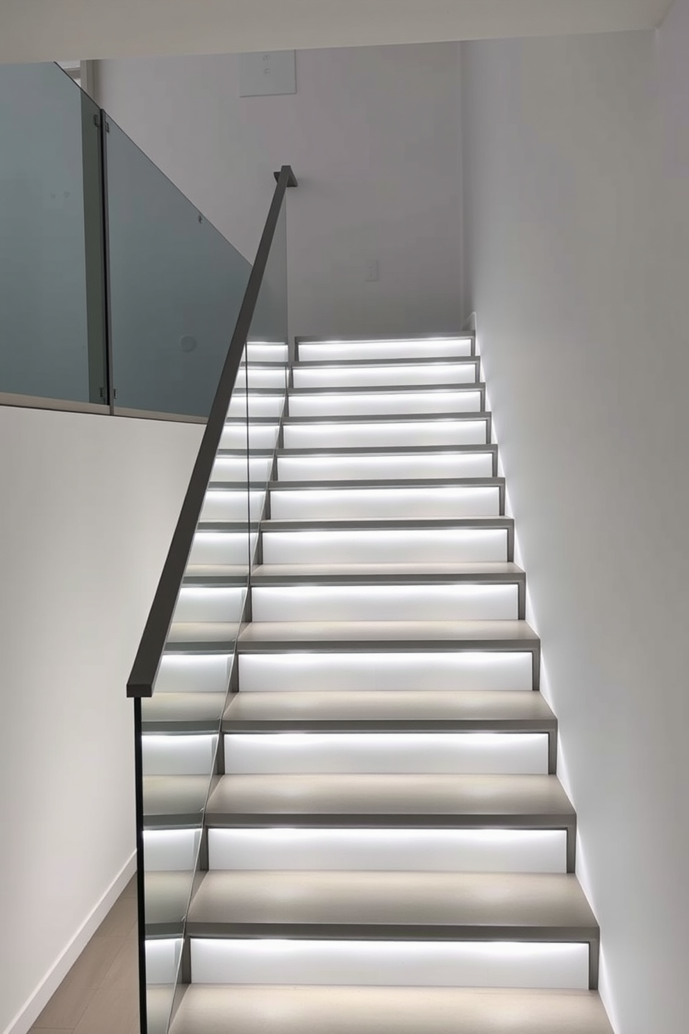 A contemporary staircase featuring sleek lines and a minimalist design. LED lighting is integrated into the steps, casting a soft glow that enhances the modern aesthetic. The staircase is surrounded by a glass railing, allowing for an unobstructed view of the space. The walls are painted in a crisp white, creating a bright and airy atmosphere.