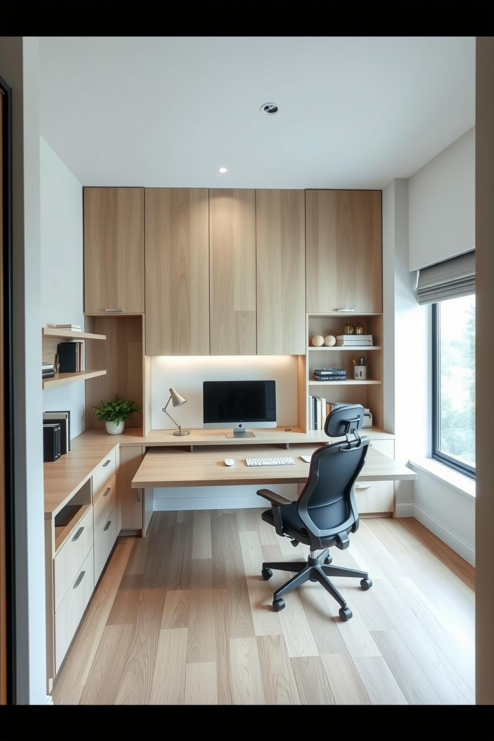 A minimalist home office features a sleek desk with clean lines and a light wood finish. Ample storage solutions are integrated seamlessly, including floating shelves and a built-in cabinet for a clutter-free workspace. The design incorporates a large window that brings in natural light, enhancing the airy feel of the space. A comfortable ergonomic chair complements the desk, providing both style and functionality for a productive environment.