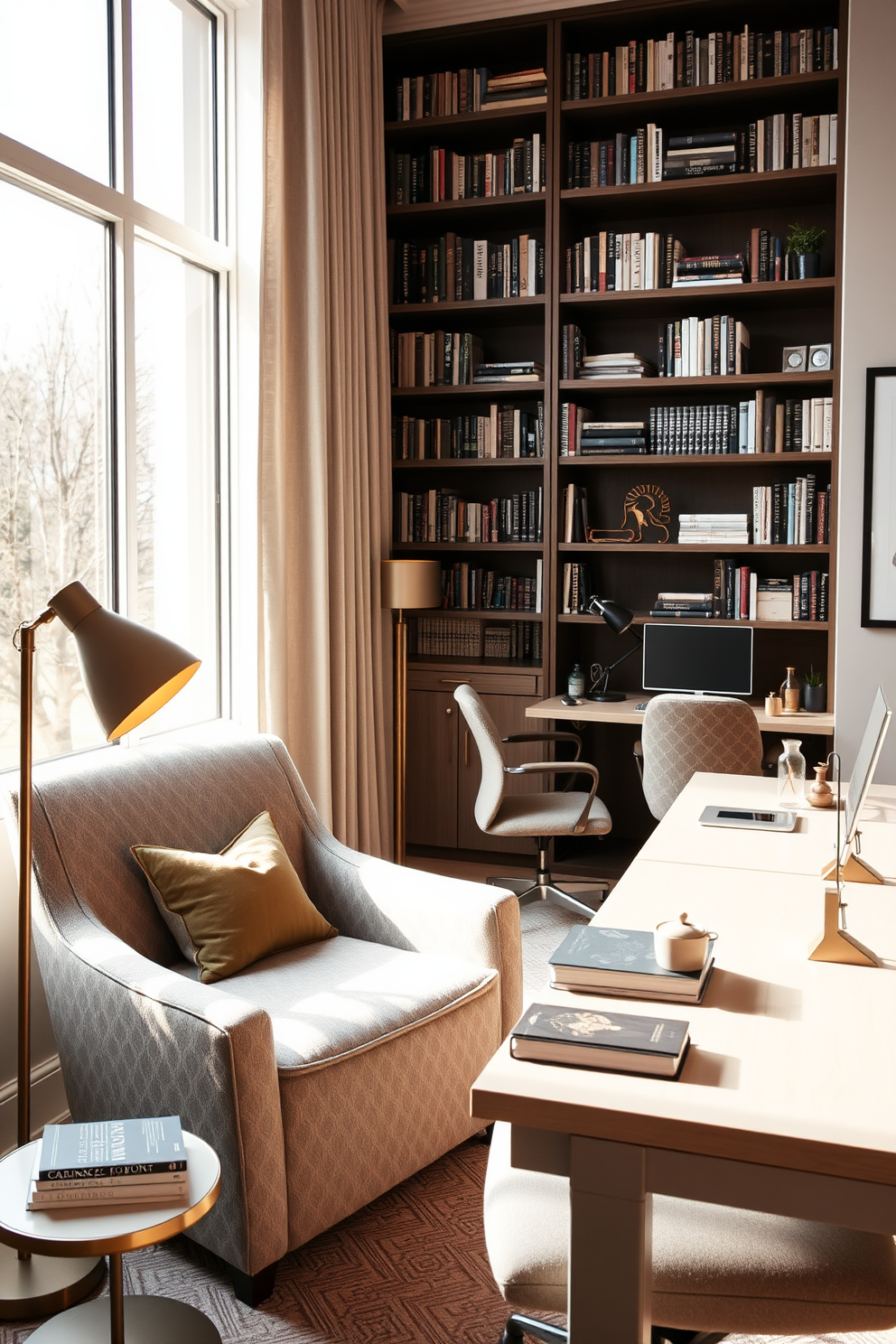 A stylish shared home office featuring two sleek desks positioned parallel to each other. Each desk is adorned with modern desk lamps and minimalistic organizers, creating an uncluttered workspace. The walls are painted in a calming light gray, complemented by floating shelves displaying books and decorative items. Lush green plants are strategically placed in the corners, adding a fresh and vibrant atmosphere to the room.